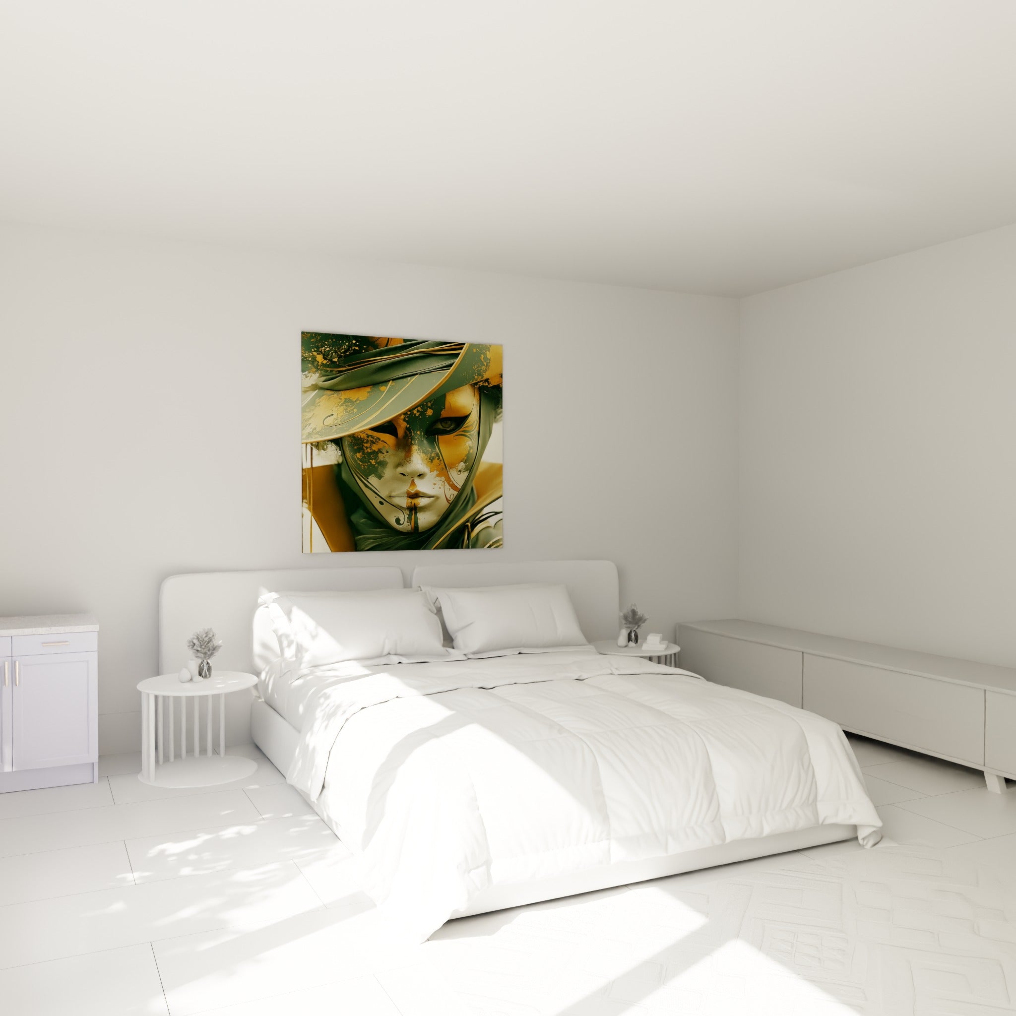 Visage masqué aux teintes anthracite et ocre accroché au-dessus d'un lit dans une chambre claire