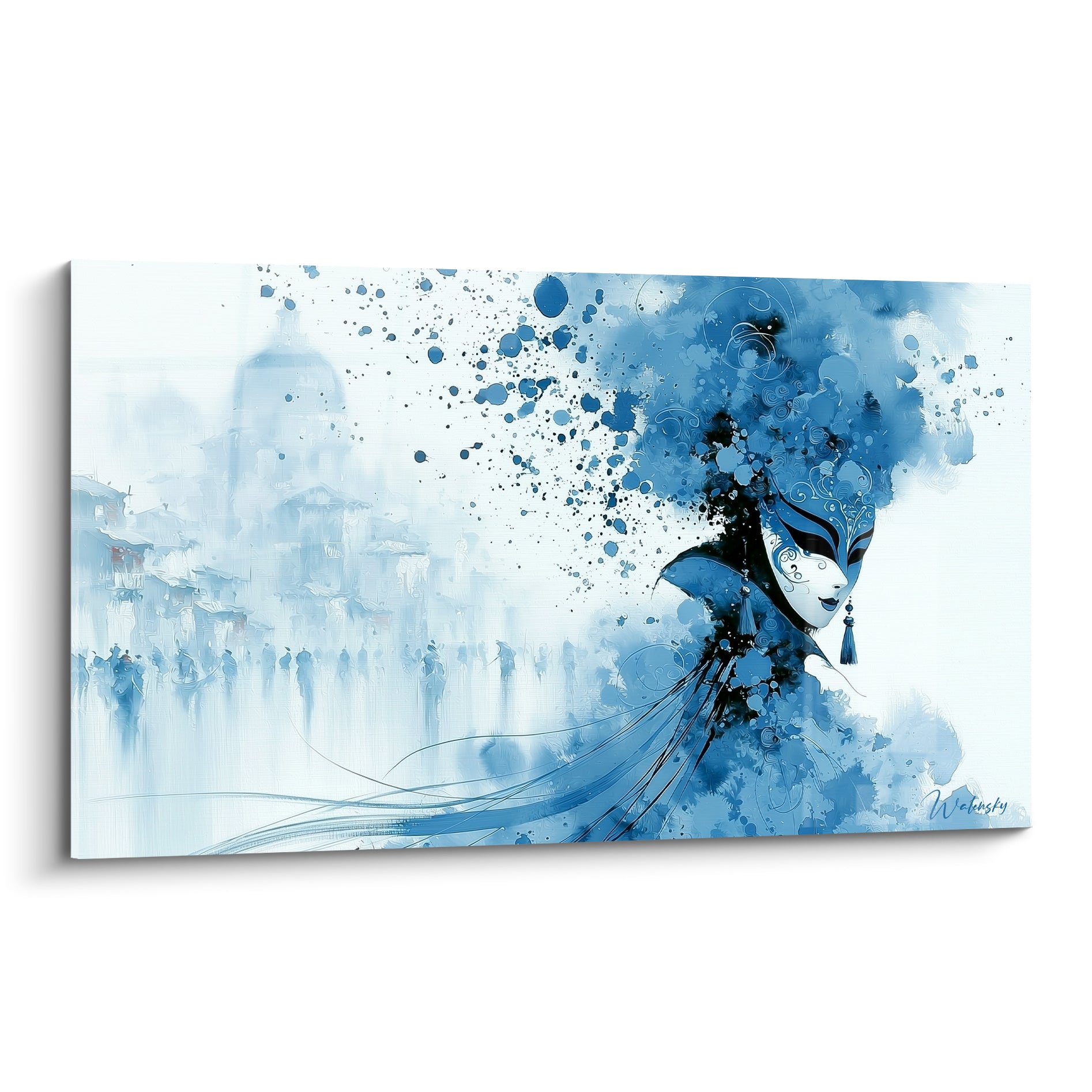 Masque de Venise bleu marine et blanc, visage orné de motifs noirs sur fond éclaboussé
