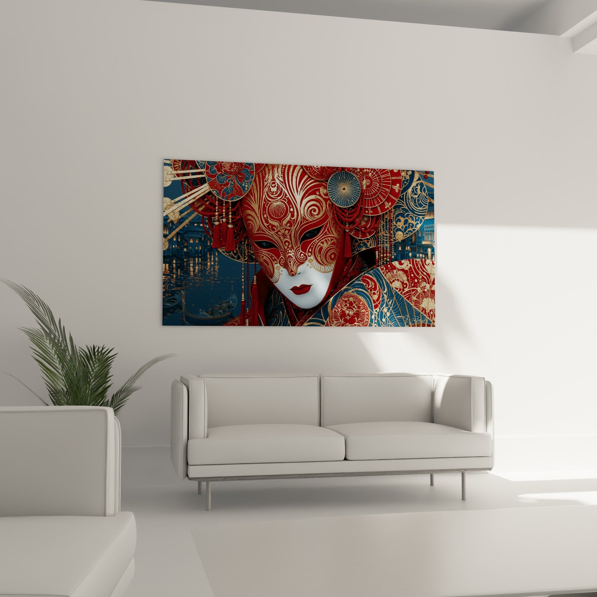 Ornements dorés du masque de venise bleu nuit au-dessus d'un canapé dans un salon lumineux