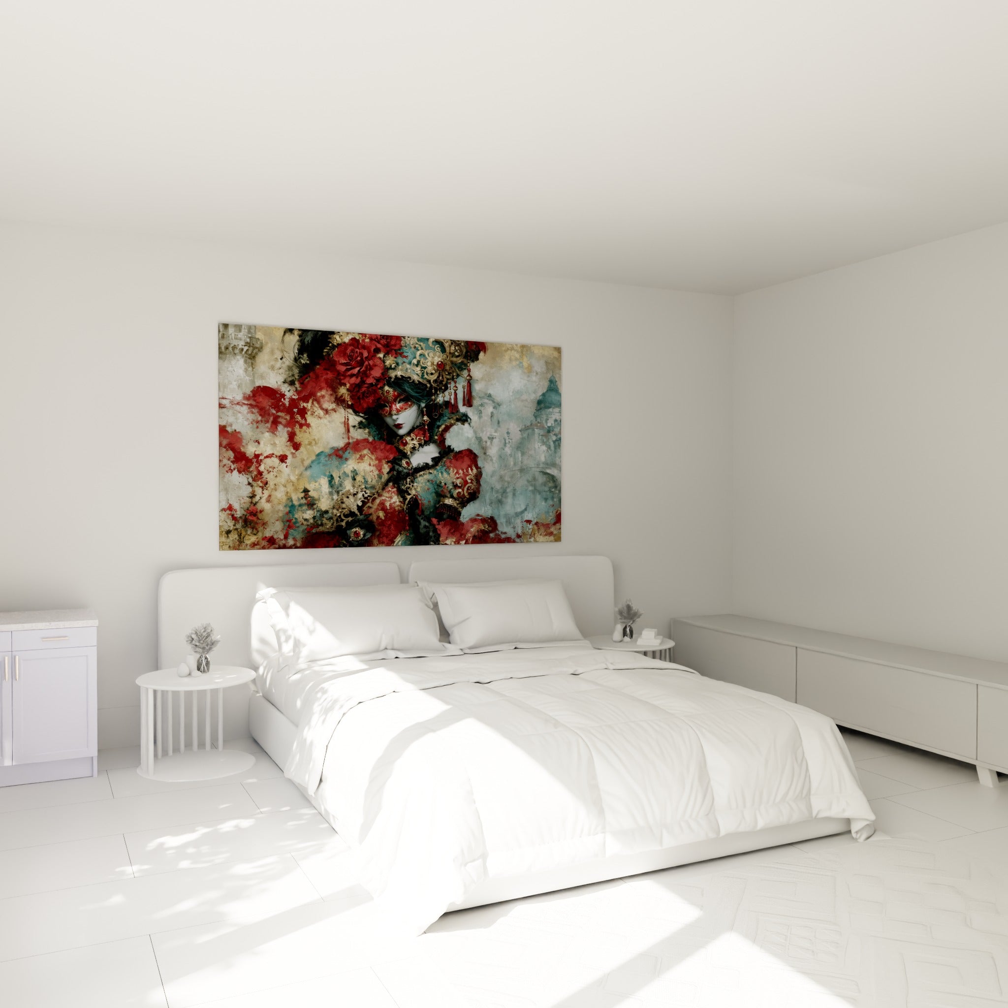 Silhouette masquée rouge et bleu sarcelle du masque de venise, au-dessus d'un lit dans une chambre claire