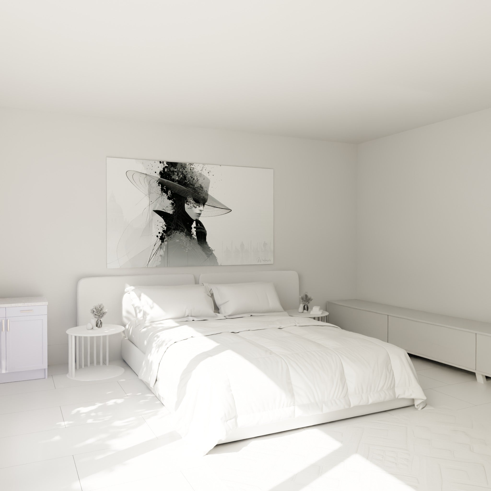 Silhouette masquée en noir et gris accrochée au-dessus d'un lit dans une chambre claire