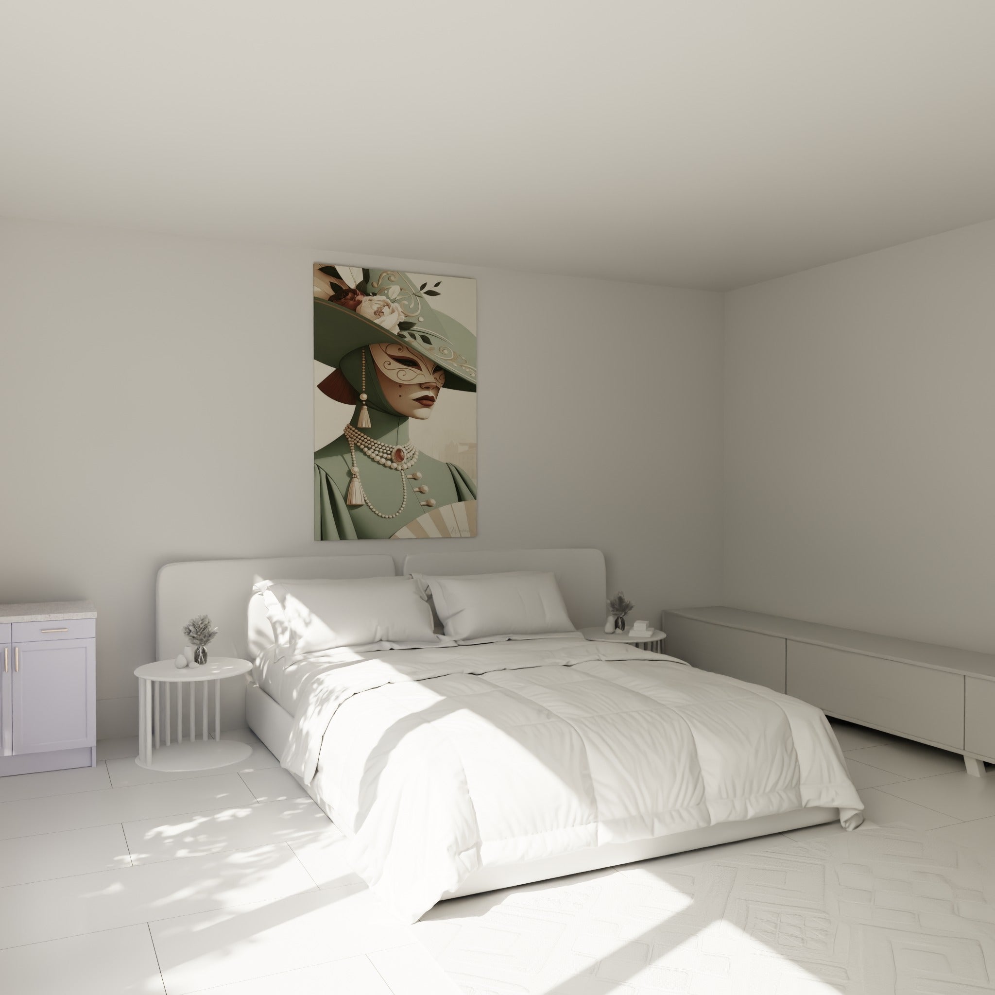Femme masquée en vert sauge et perles nacrées, tableau Masque de Venise au-dessus d'un lit dans une chambre claire