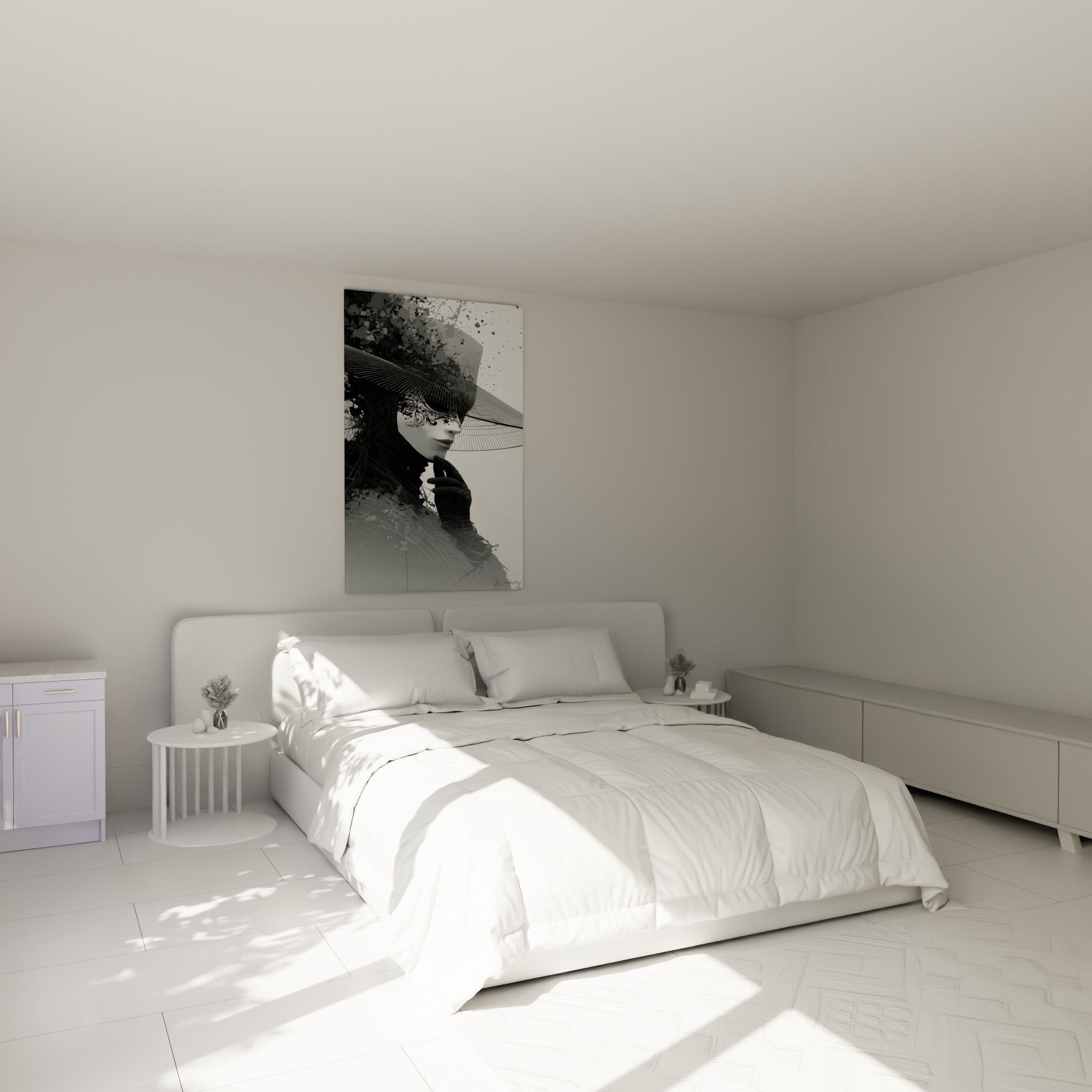 Silhouette masquée en noir et blanc, chapeau structuré, accrochée au-dessus d'un lit dans une chambre claire