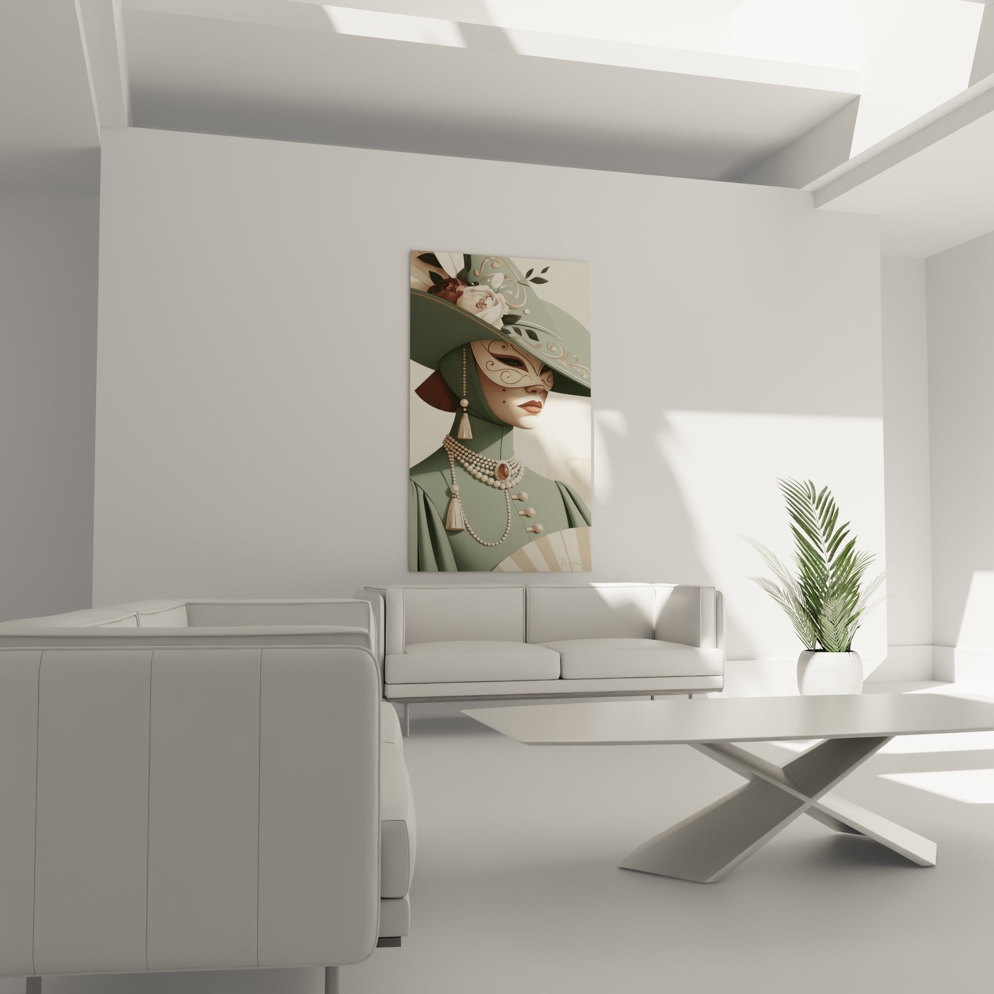 Portrait masqué aux tons vert sauge et bordeaux, tableau Masque de Venise au-dessus d'un canapé dans un salon lumineux