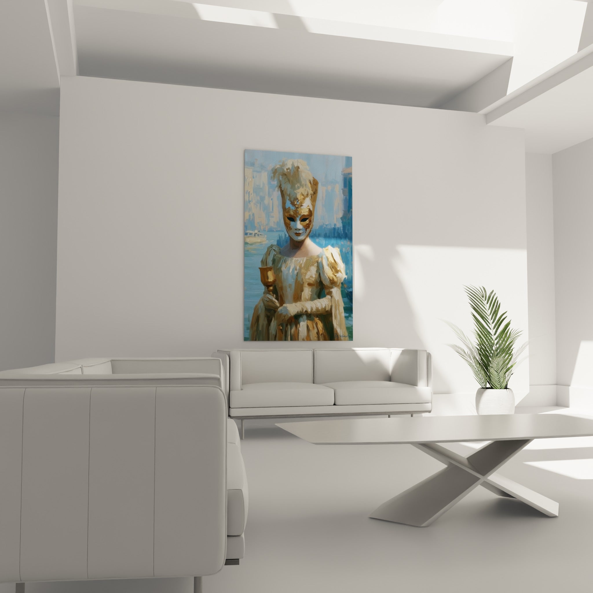 Figure costumée aux tons bleu pastel et or, suspendue au-dessus d'un canapé dans un salon lumineux