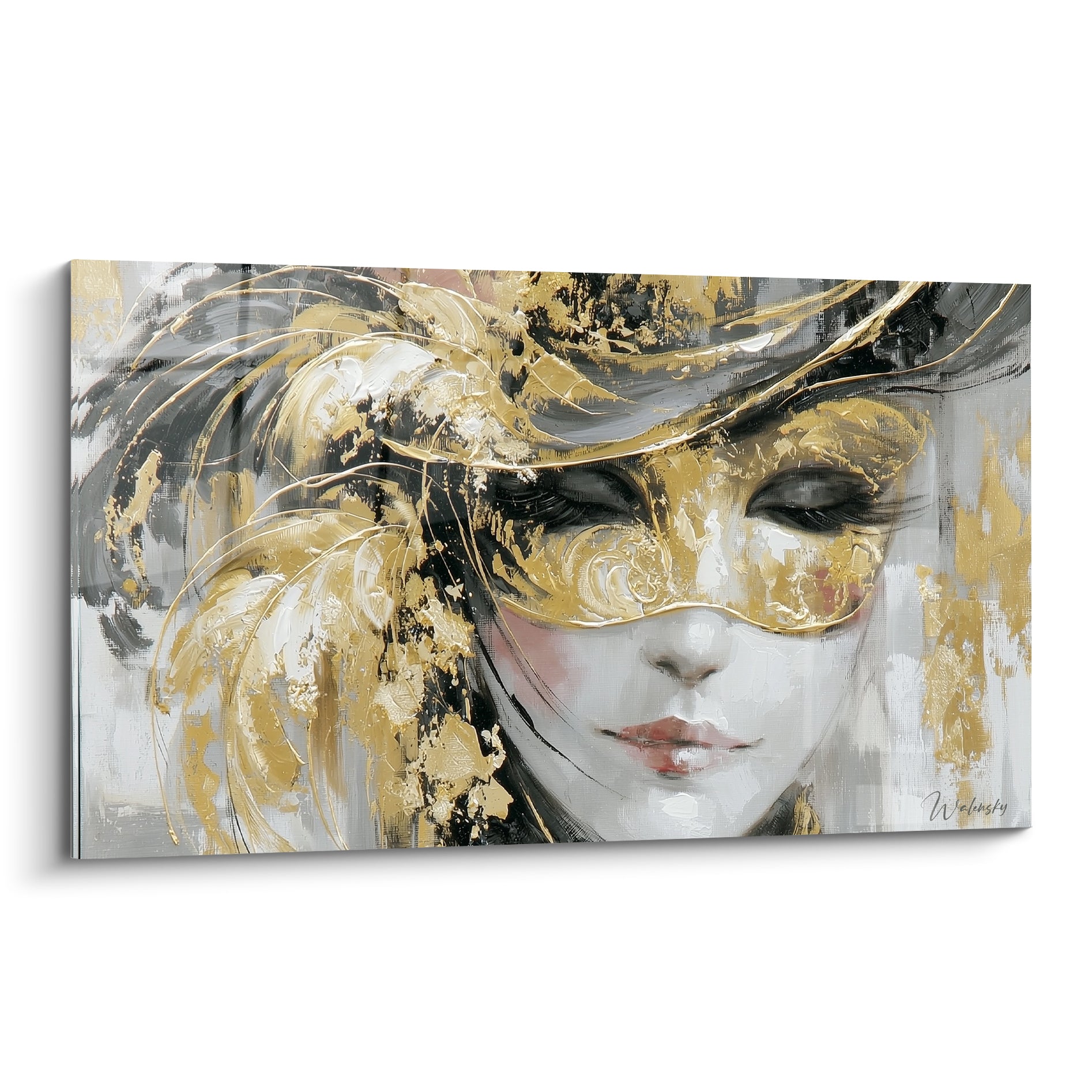 Masque de venise doré et noir sur visage aux yeux clos, peinture à empâtements riches