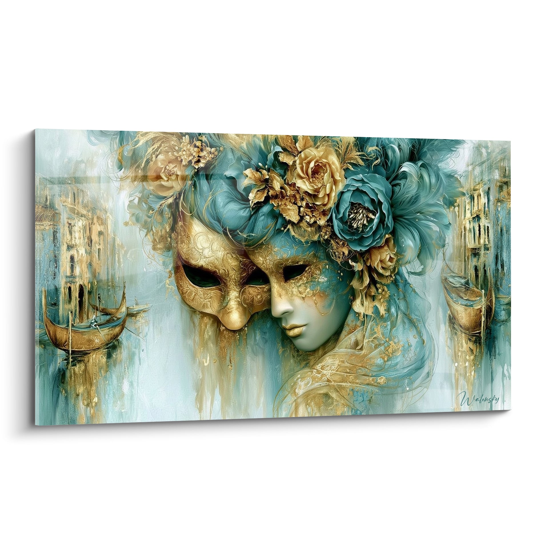 Masque de Venise doré et turquoise orné de fleurs, visage féminin mystérieux sur fond de gondoles