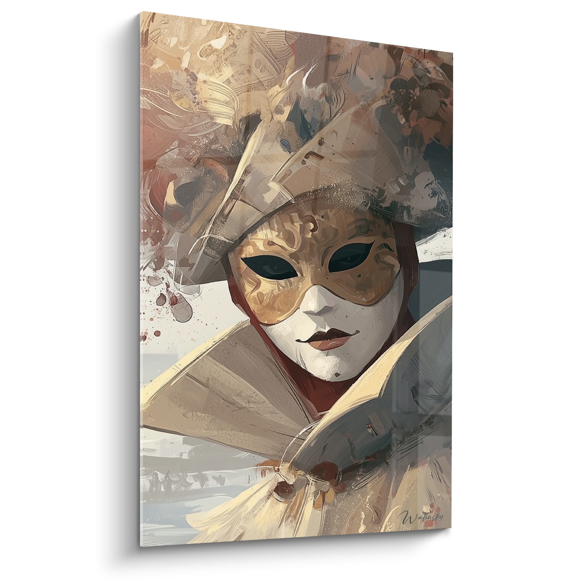Masque de Venise doré au visage blanc et yeux noirs, coiffe ornée de beige et rouge