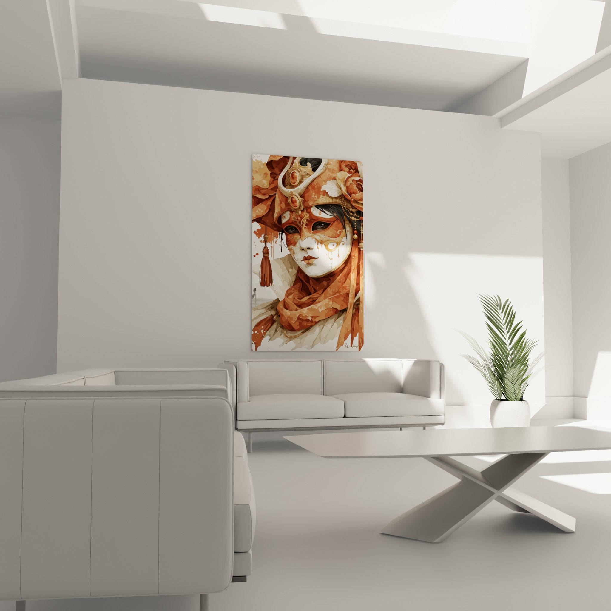 Portrait vénitien orange et blanc au-dessus d'un canapé dans un salon lumineux