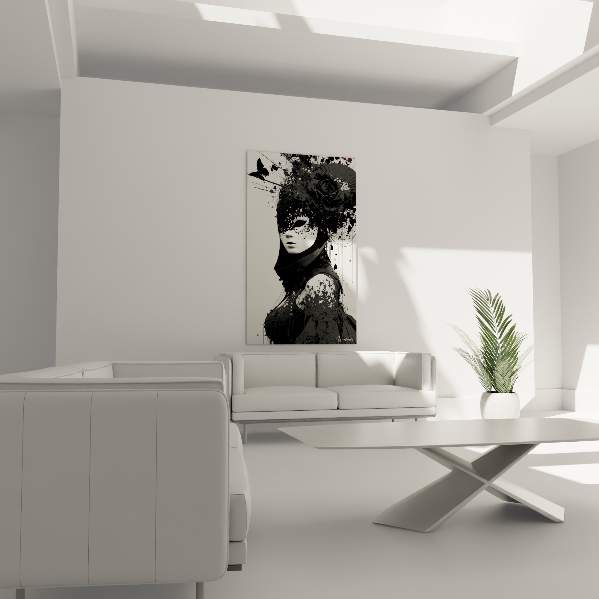 Figure masquée en noir encré et blanc immaculé, disposée au-dessus d'un canapé dans un salon lumineux
