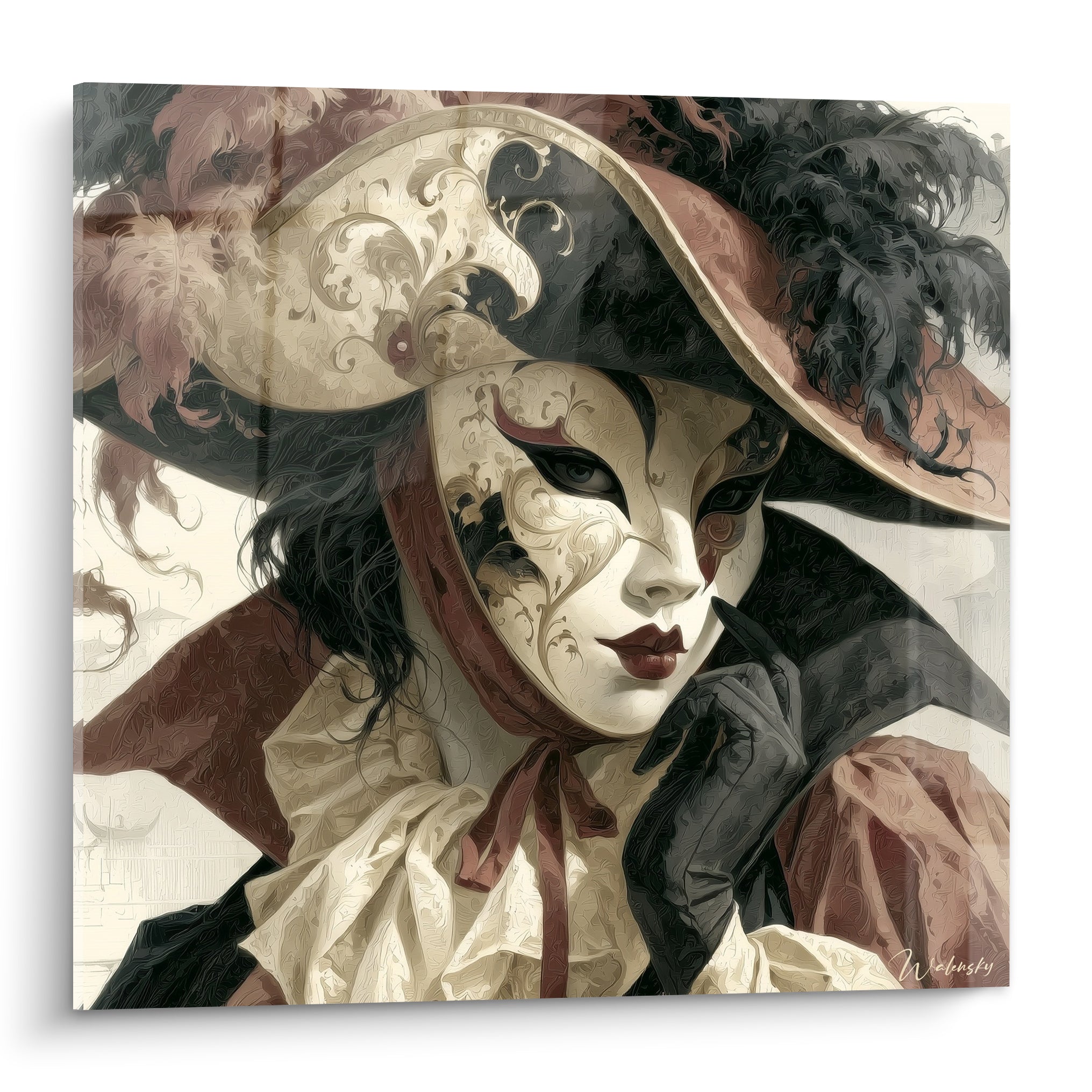 Masque de venise ivoire à plumes noires et ruban bordeaux, geste théâtral gant noir sur les lèvres
