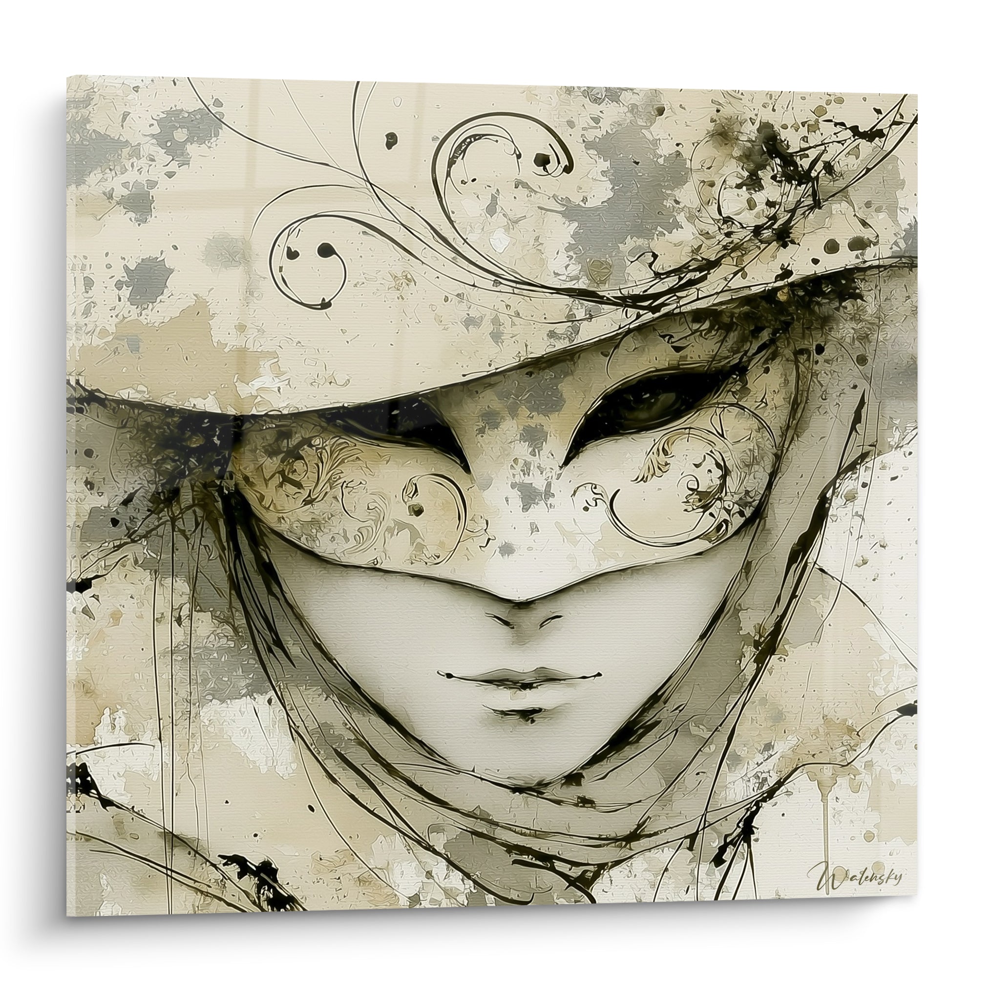 Masque de Venise ivoire aux volutes dorées et éclaboussures anthracite sur toile carrée