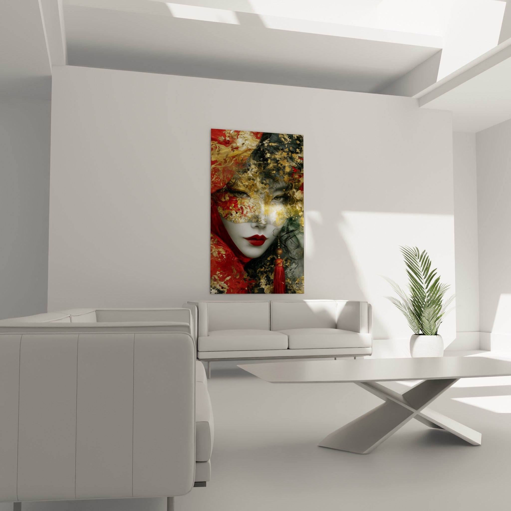Masque de venise aux motifs floraux dorés au-dessus d'un canapé dans un salon lumineux