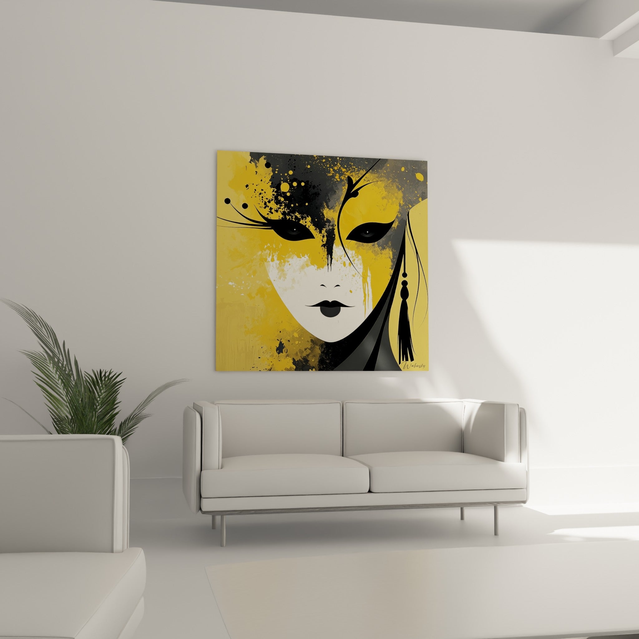 Silhouette du masque de Venise en noir et jaune doré, au-dessus d'un canapé dans un salon lumineux