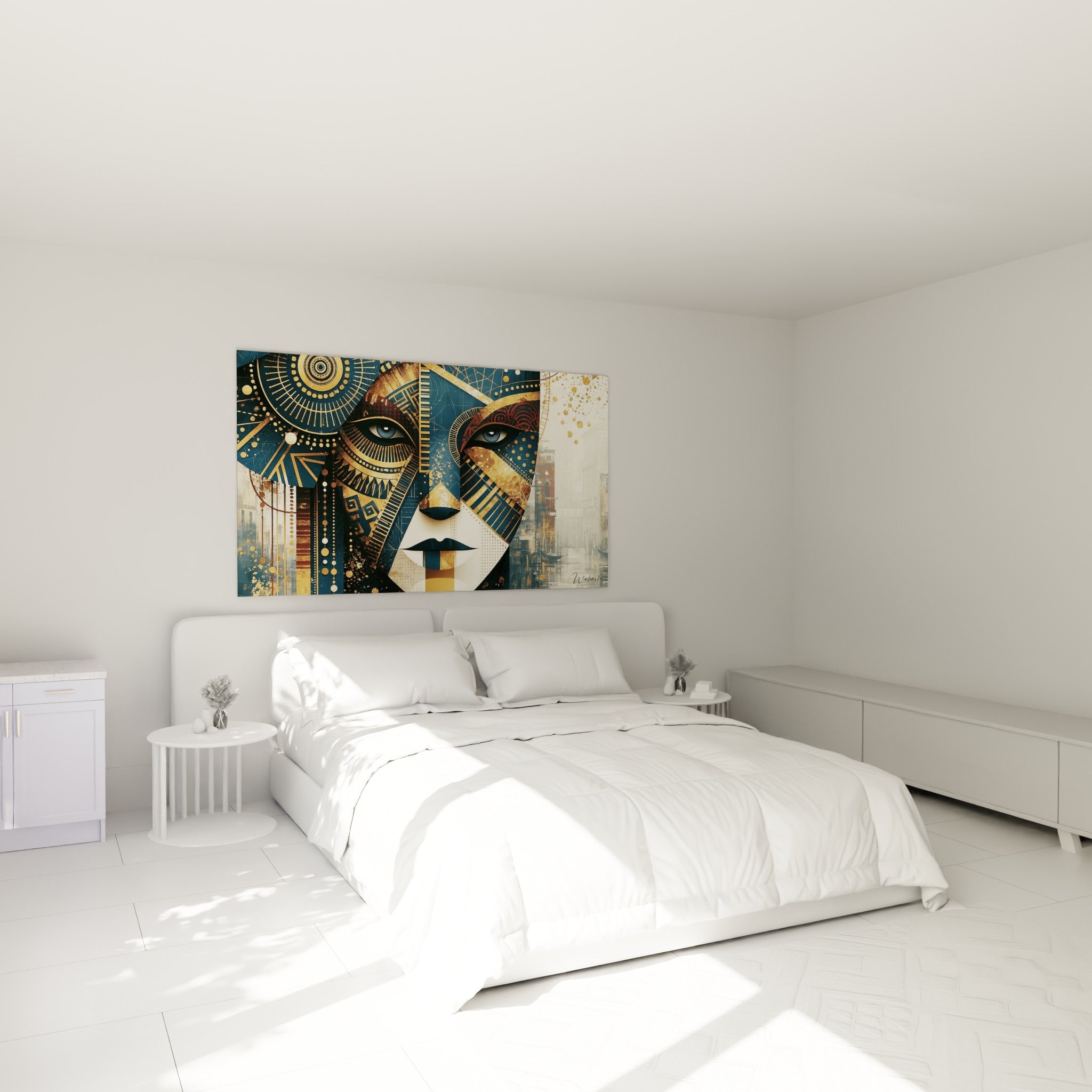 Visage masqué vénitien bleu marine et doré au-dessus d'un lit dans une chambre claire