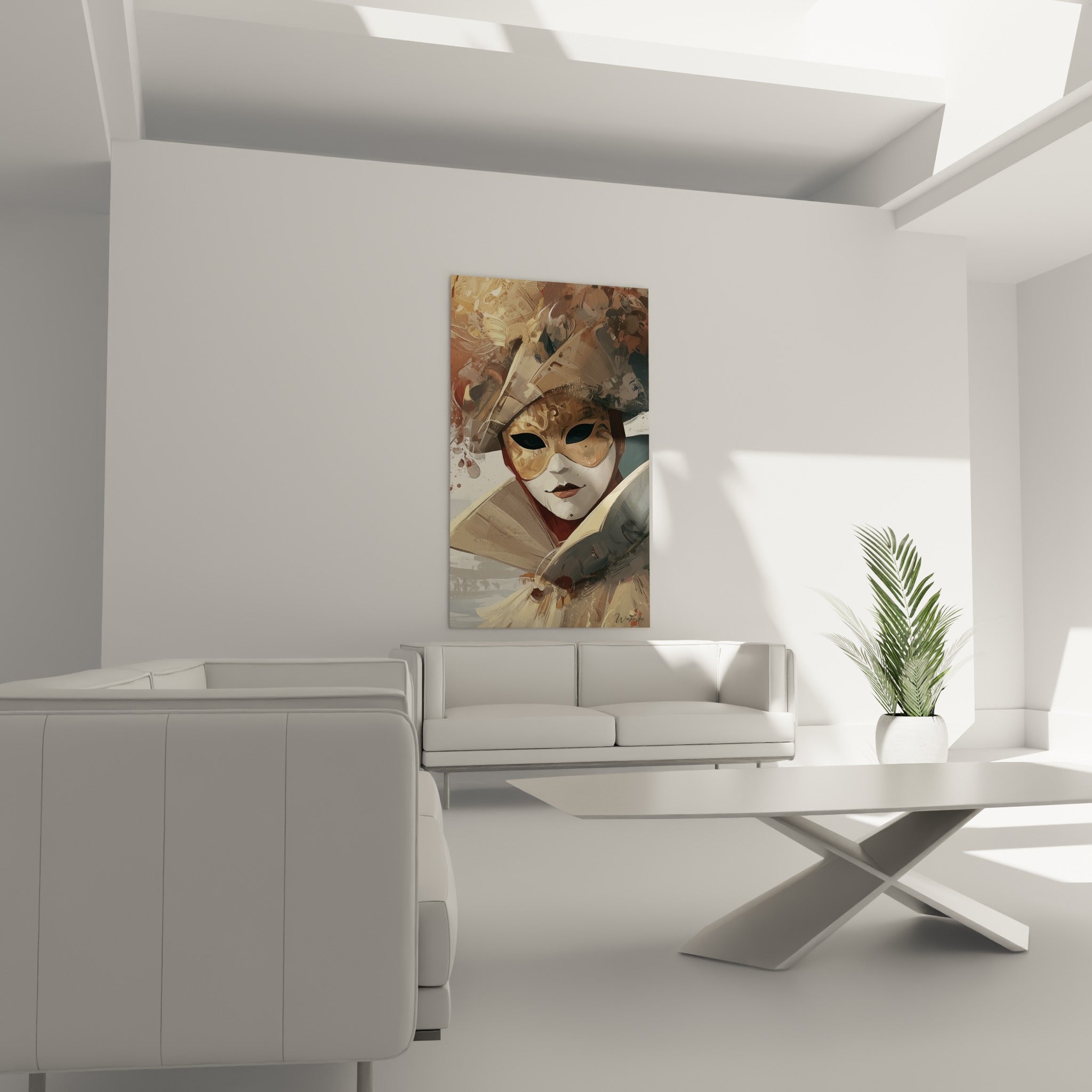 Coiffe dorée et regard noir du masque de Venise au-dessus d'un canapé dans un salon lumineux