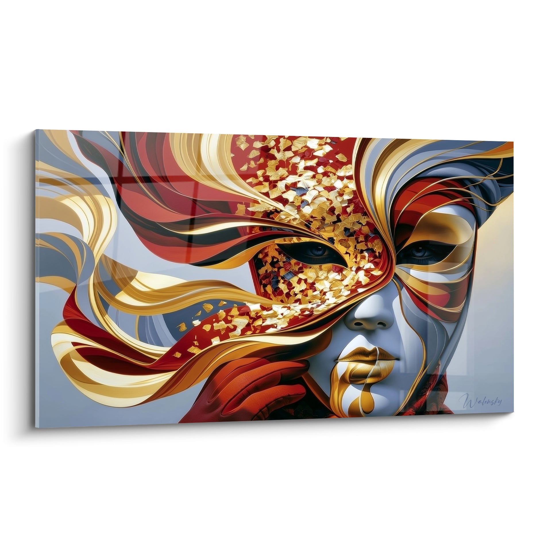 Masque de Venise aux mèches rouge et doré, visage anthracite, éclats dorés fragmentés en spirale