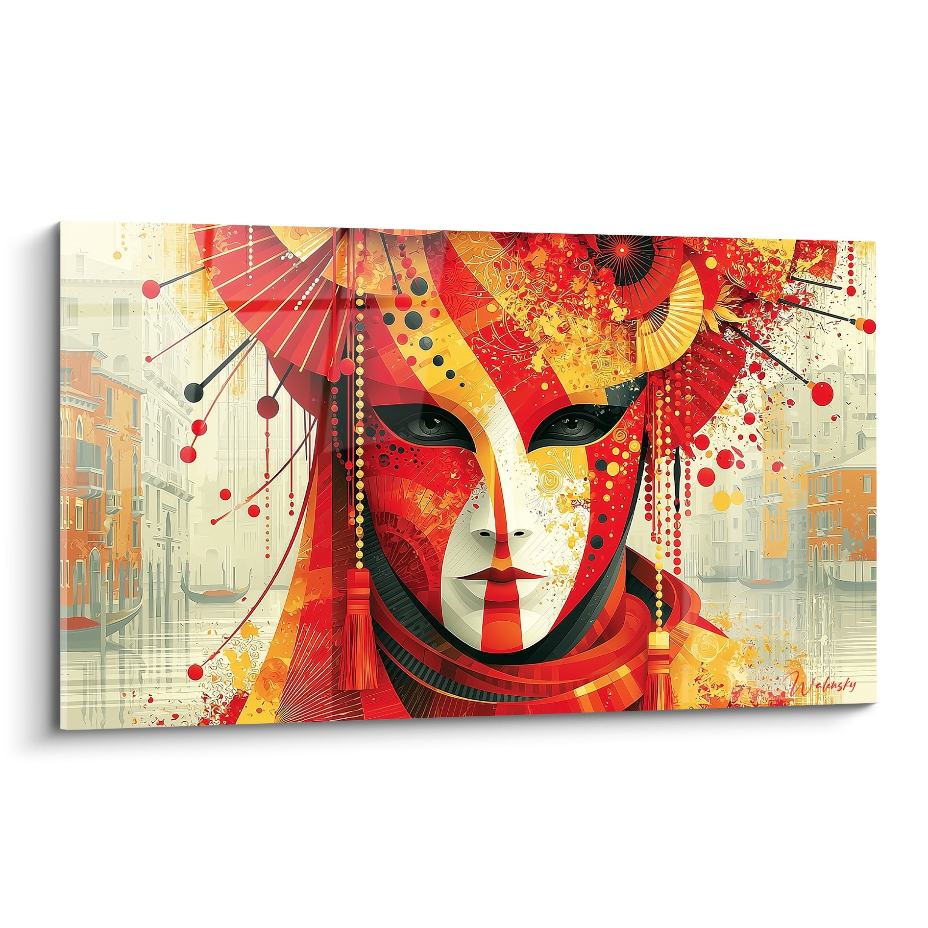 Masque de Venise rouge et doré au regard sombre, motifs graphiques sur fond beige