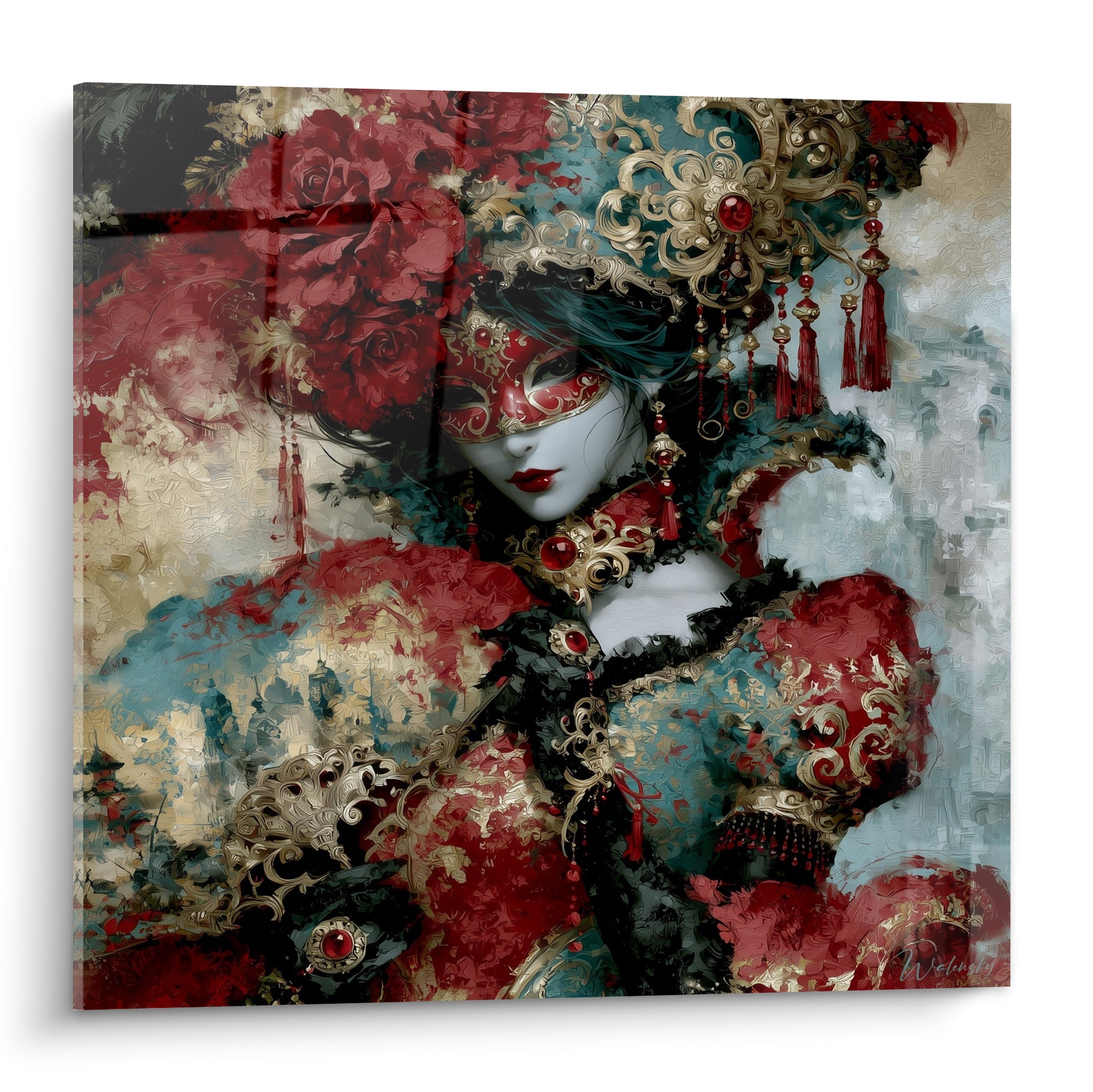 Masque vénitien rouge et doré orné de bijoux, visage pâle, fond floral bleu pétrole et beige