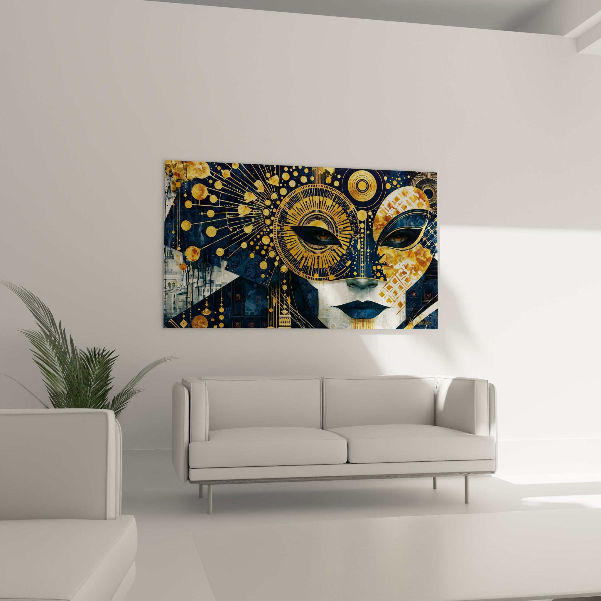 Masque de Venise orné de cercles dorés et bleu marine, au-dessus d'un canapé dans un salon lumineux