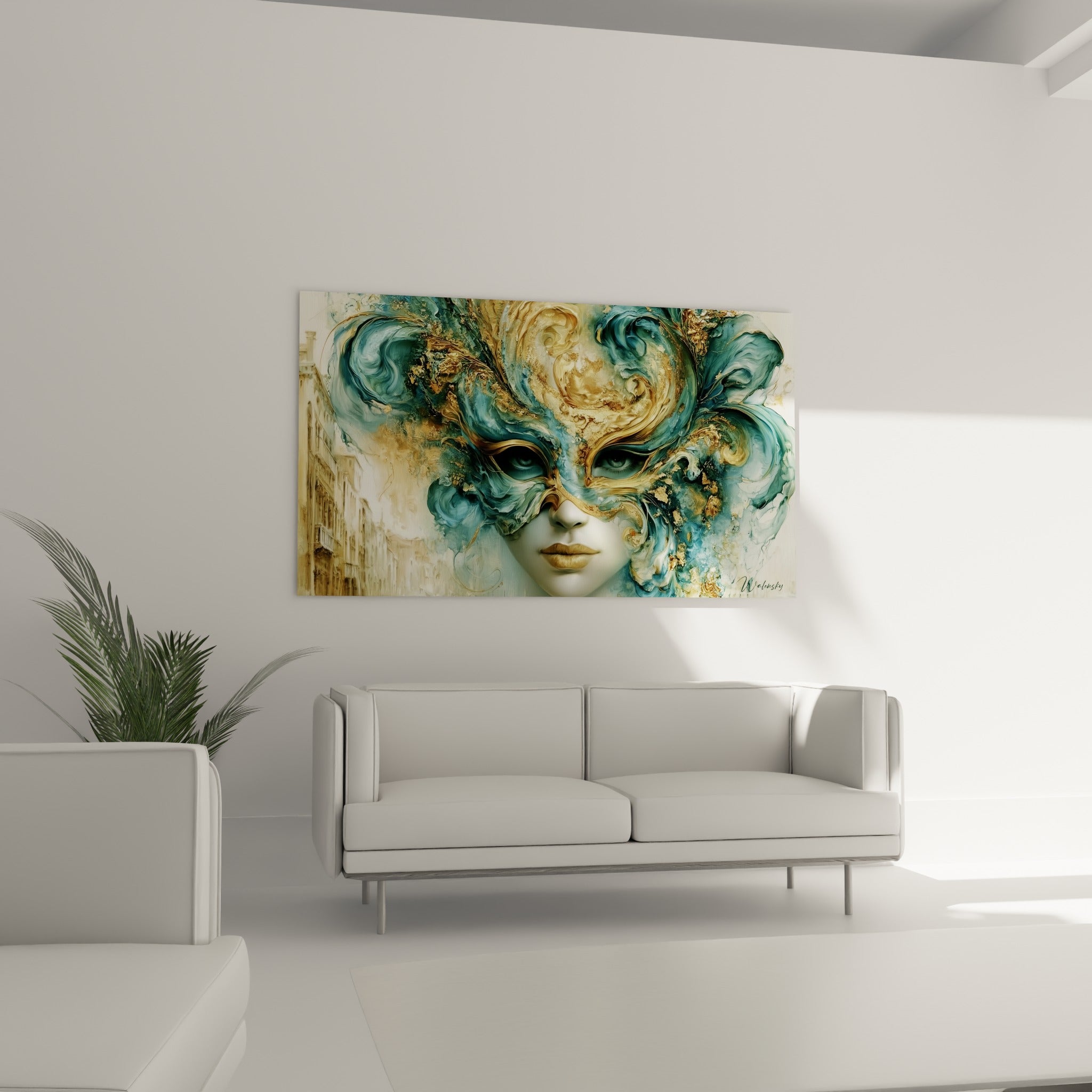 Ornements dorés et bleus du masque vénitien, œuvre disposée au-dessus d'un canapé dans un salon lumineux