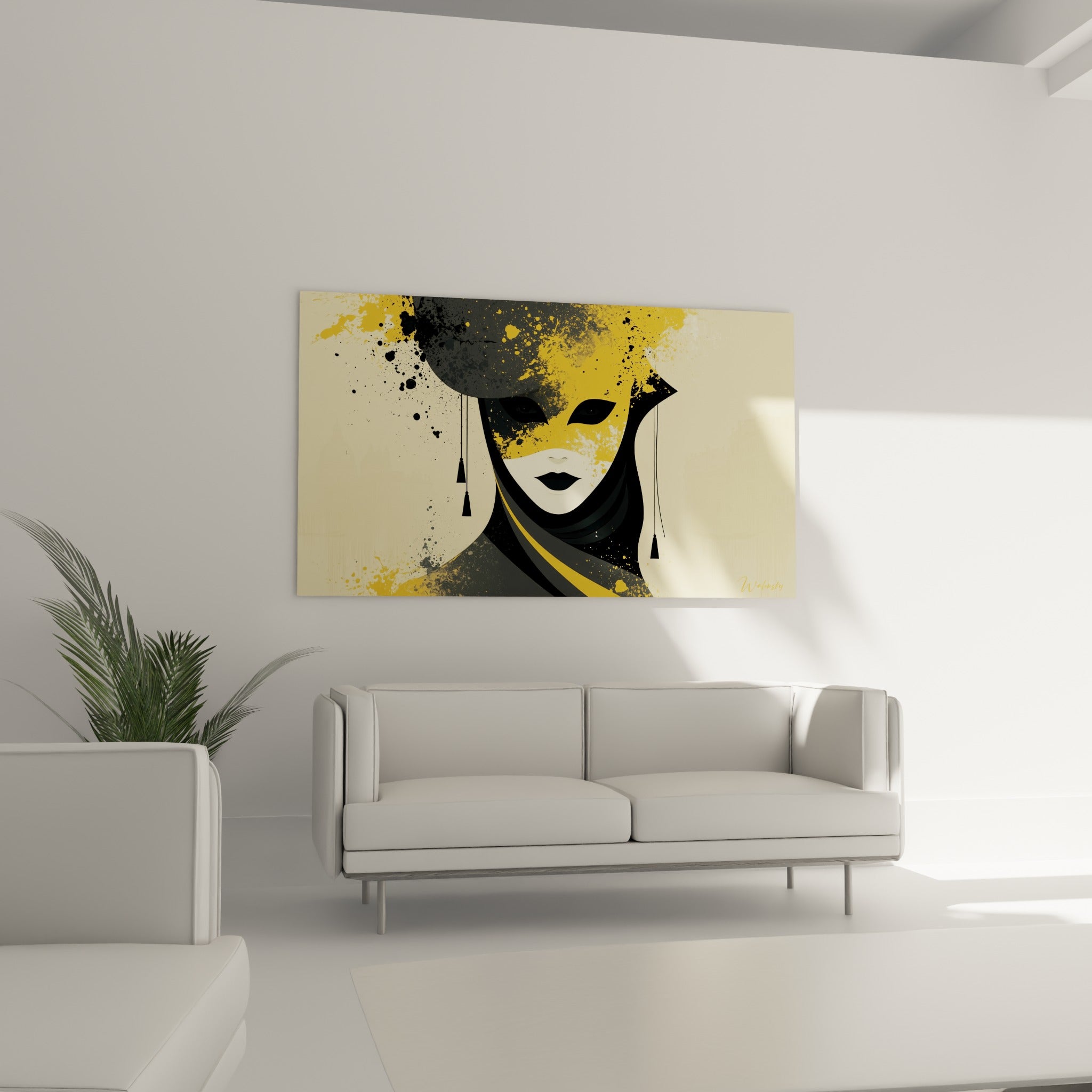 Silhouette voilée du masque doré et anthracite au-dessus d'un canapé dans un salon lumineux