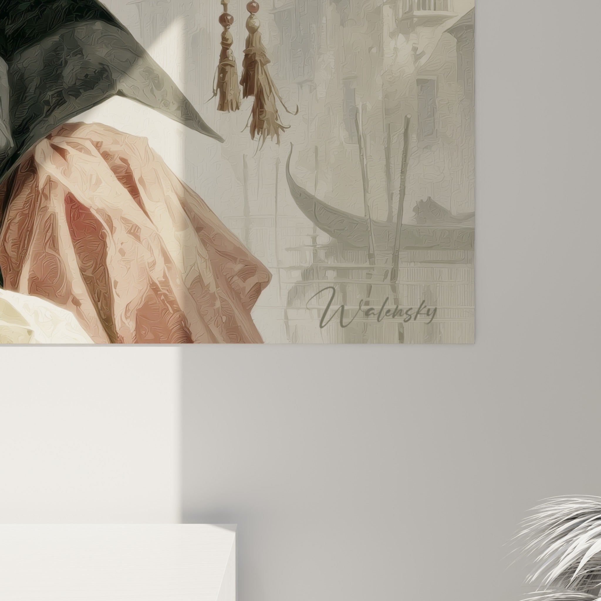 Détail des plumes noires et du masque ivoire, empâtements et coulures visibles sur la toile peinte