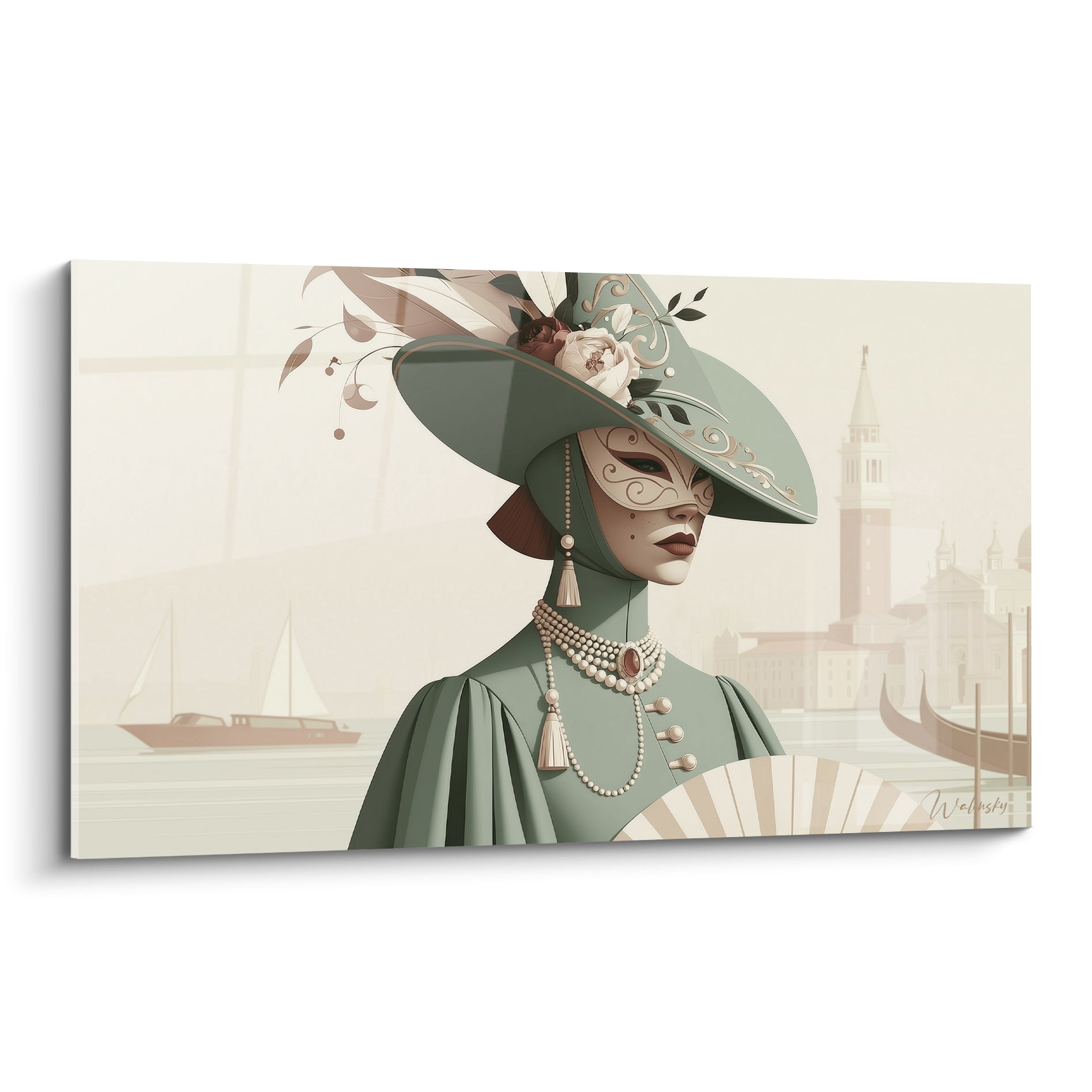 Masque de venise vert sauge orné de motifs dorés, silhouette et campanile beige en fond