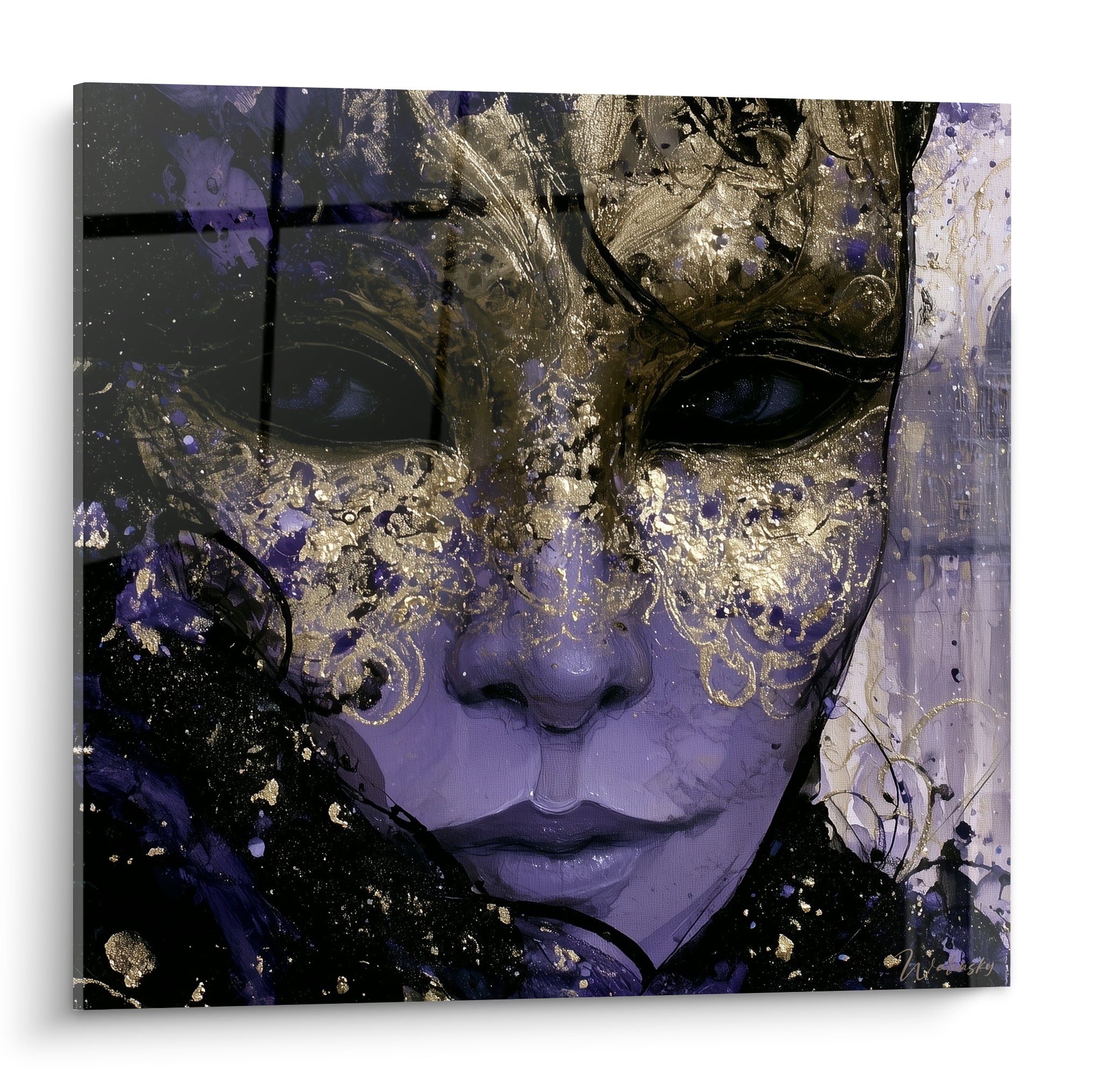 Masque de venise violet mauve et doré, visage mi-couvert, texture peinte épaisse et raffinée
