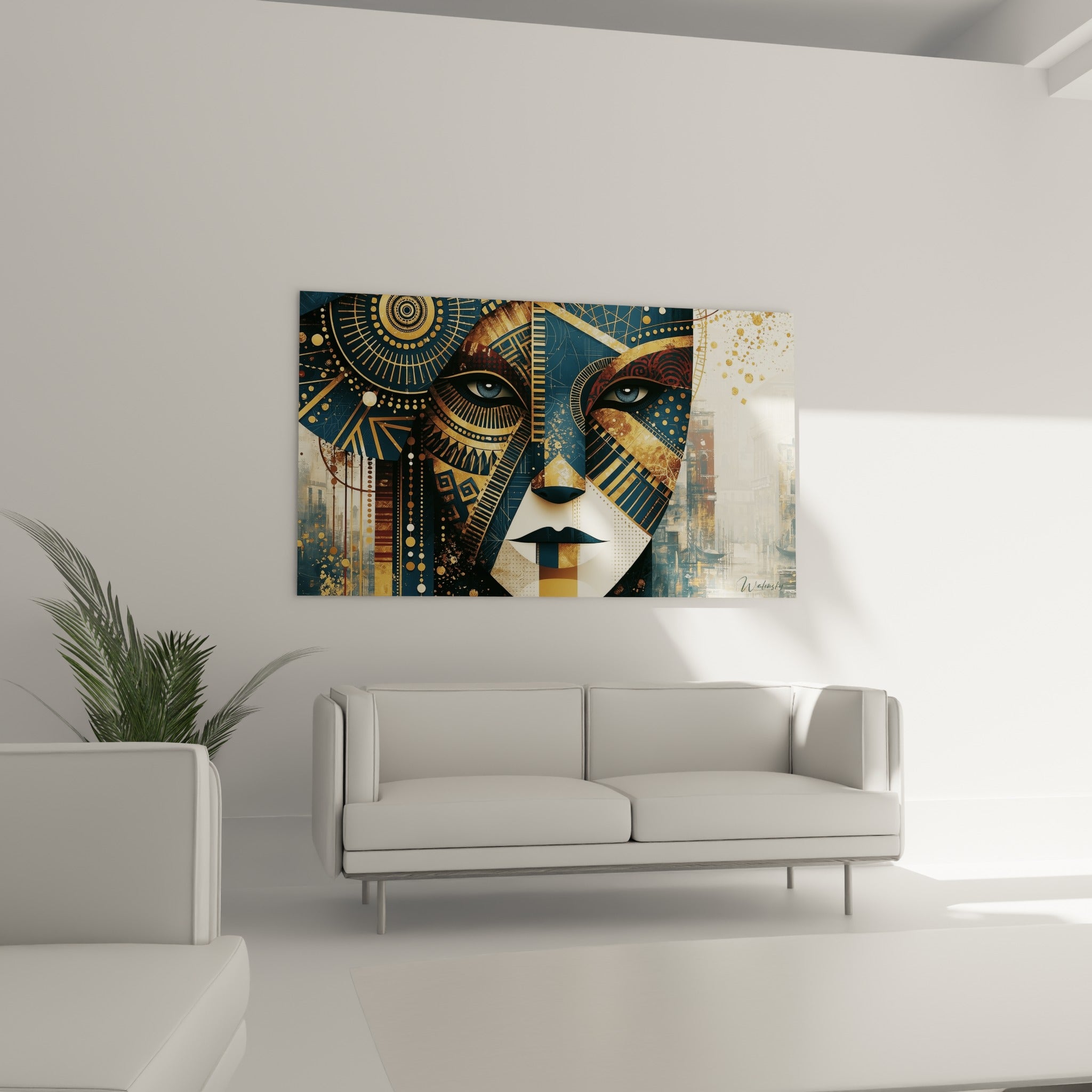 Portrait masqué doré et bleu marine accroché au-dessus d'un canapé dans un salon lumineux