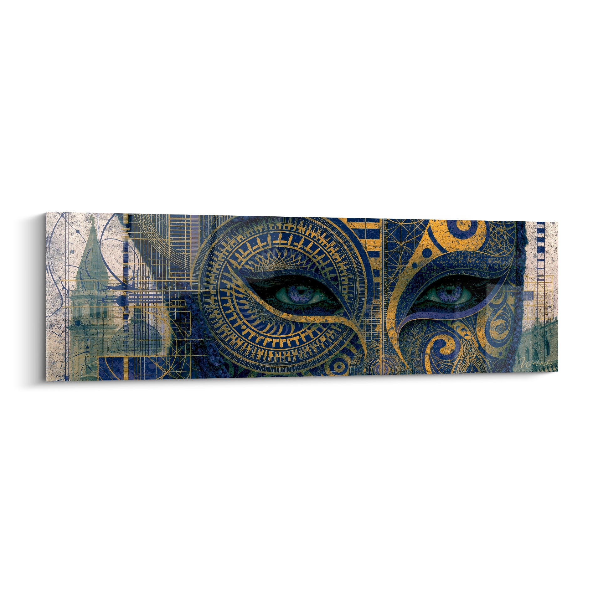 Masque de Venise aux yeux verts, motifs bleu marine et doré, ornements en spirale gravés
