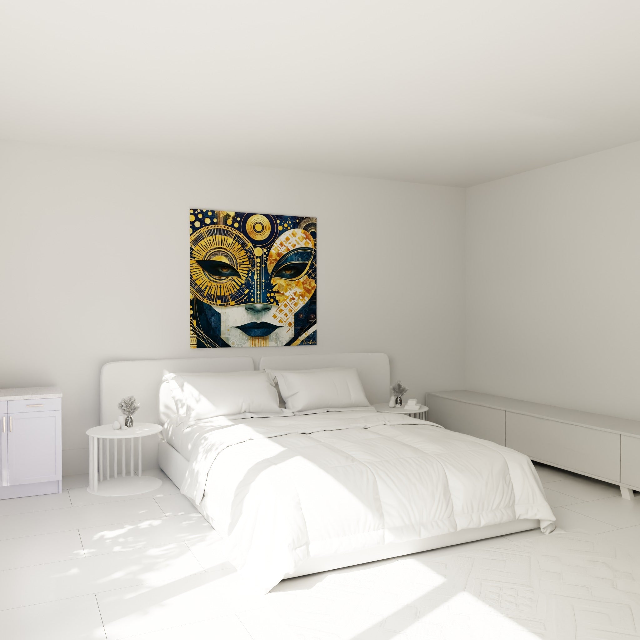 Visage masqué doré aux yeux bruns intenses, accroché au-dessus d'un lit dans une chambre claire