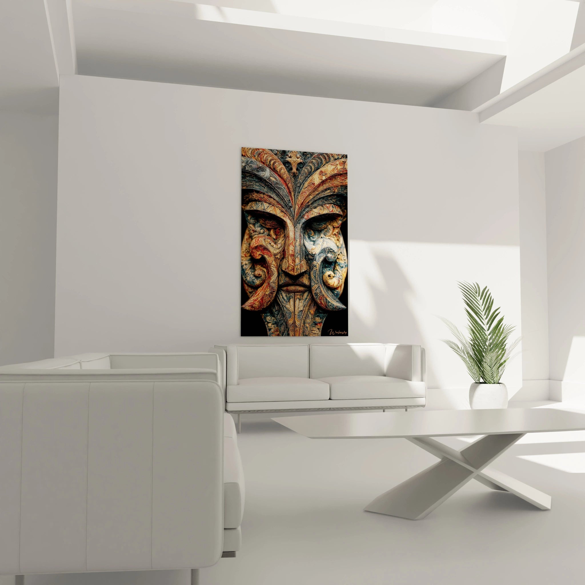 tableau masque tribal Walensky grand format visage orné coloré accroché au dessus d un canapé blanc minimaliste