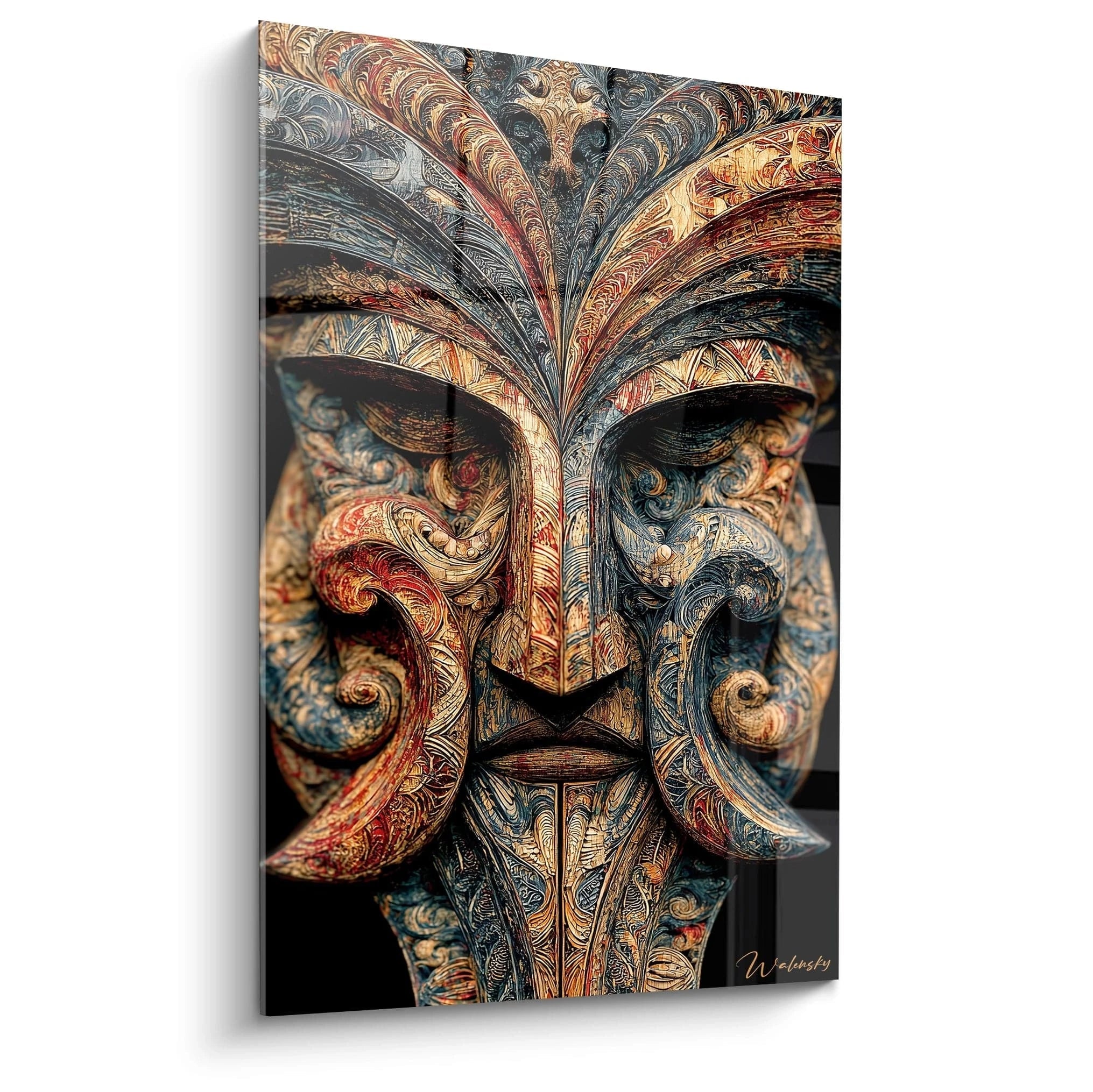 Walensky tableau masque tribal mural en bois sculpté aux motifs ornementaux rouges et bleus pour décoration intérieure