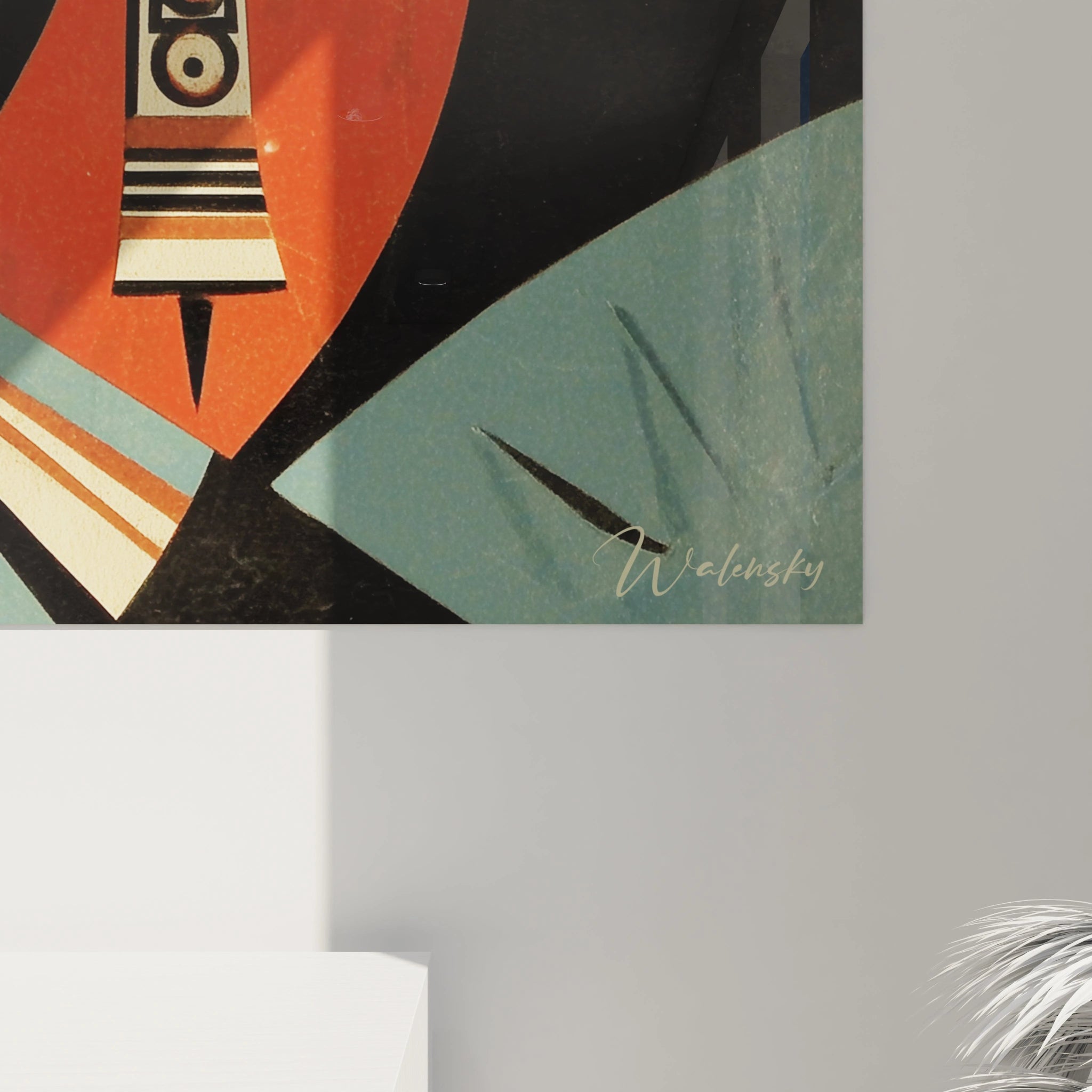 Tableau mural abstrait signé Walensky avec formes géométriques orange et turquoise, tableau art tribal contemporain