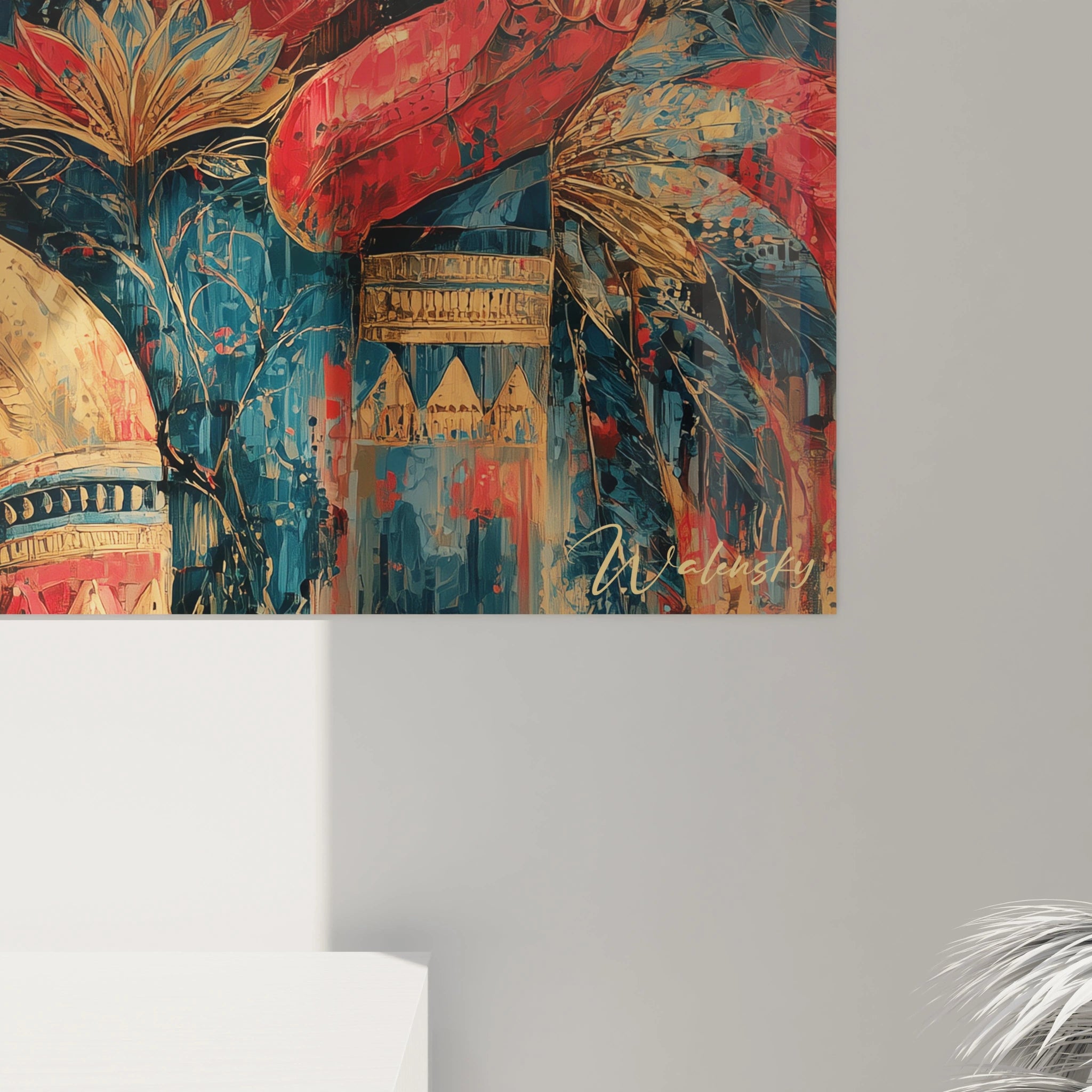 tableau art tribal forêt sacrée Walensky grand format aux tons rouge bleu canard et doré motif abstrait mural