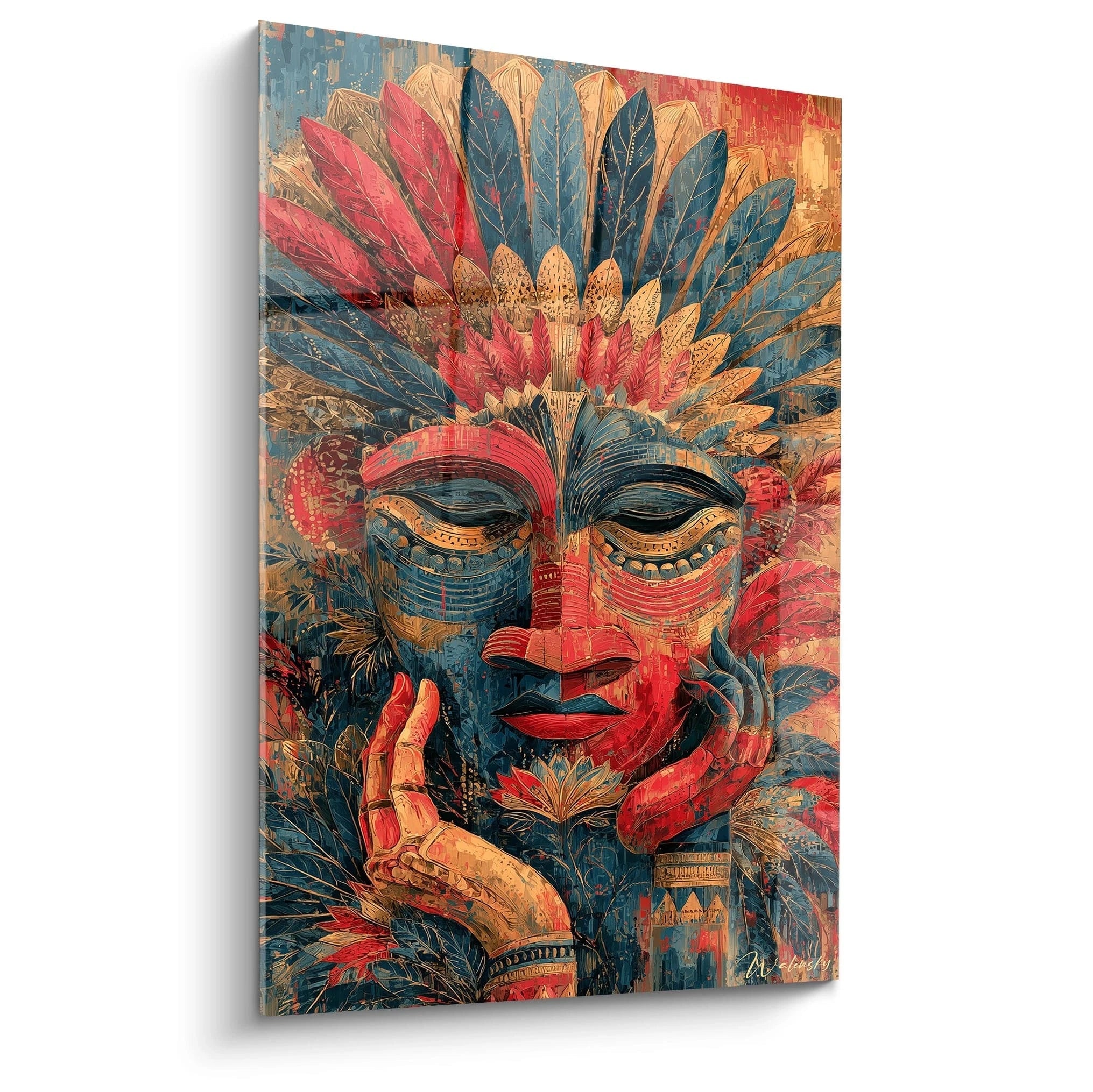tableau art tribal forêt sacrée Walensky visage masqué coloré à plumes rouge et bleu pour décoration murale