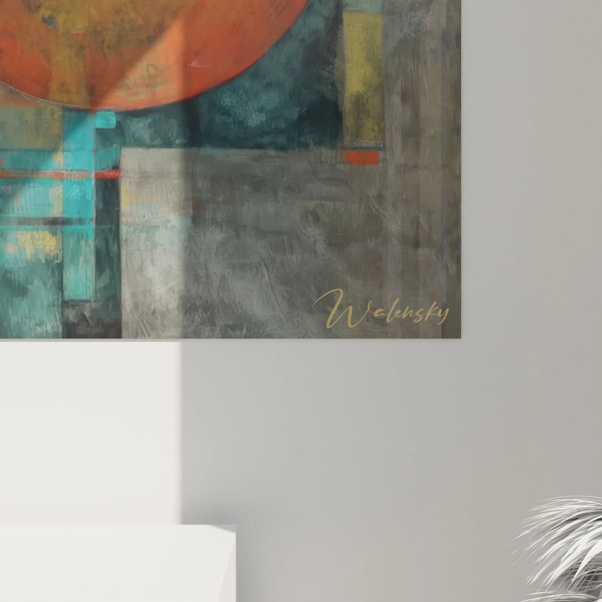 tableau masque art tribal Walensky tableau mural abstrait cercle orange et formes turquoises signe Walensky