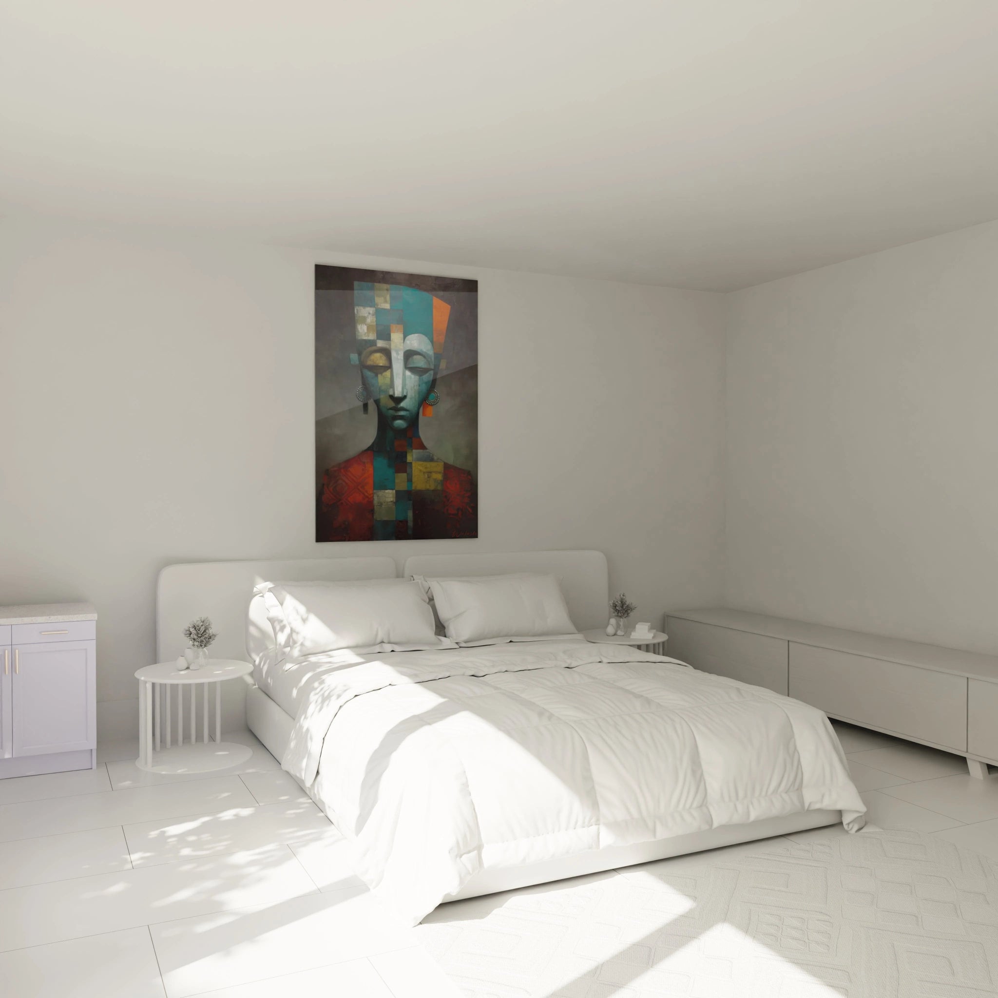 tableau art tribal masque Walensky peinture murale masque abstrait aux couleurs vives au dessus du lit dans une chambre moderne