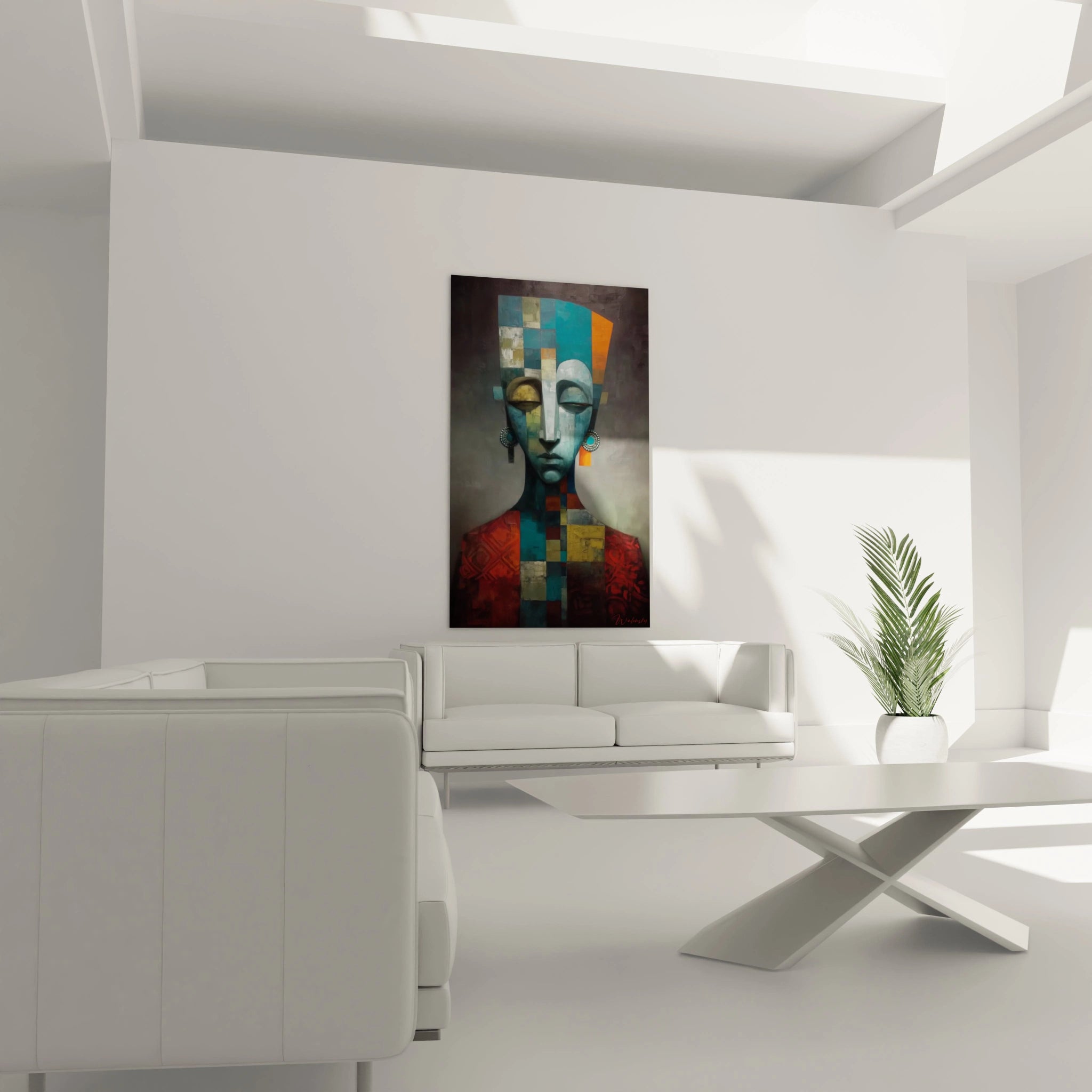 Tableau mural Walensky tableau art tribal masque portrait abstrait a blocs colores au dessus canape blanc minimaliste
