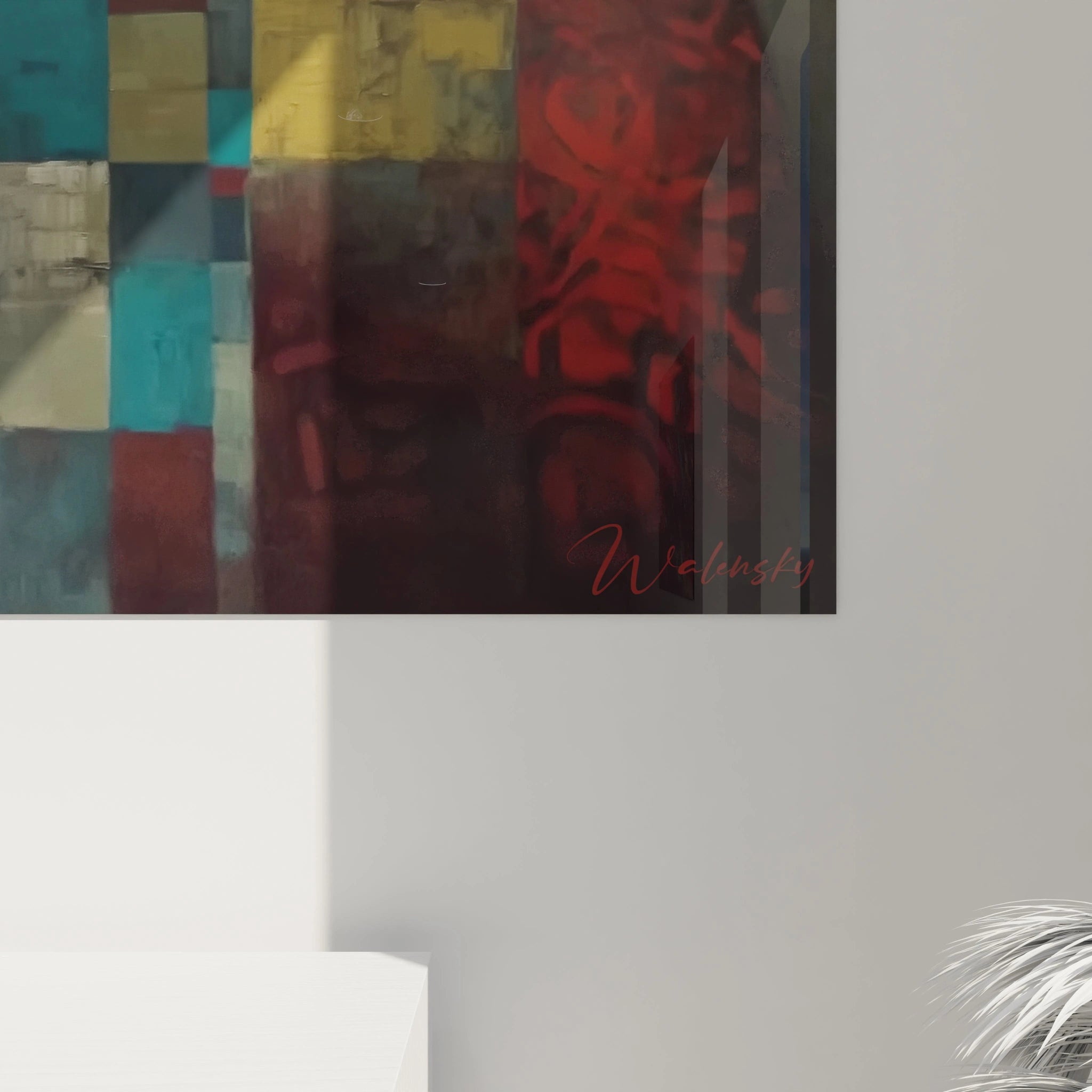 tableau art tribal masque Walensky tableau mural abstrait rouge et turquoise décor contemporain pour salon signé Walensky