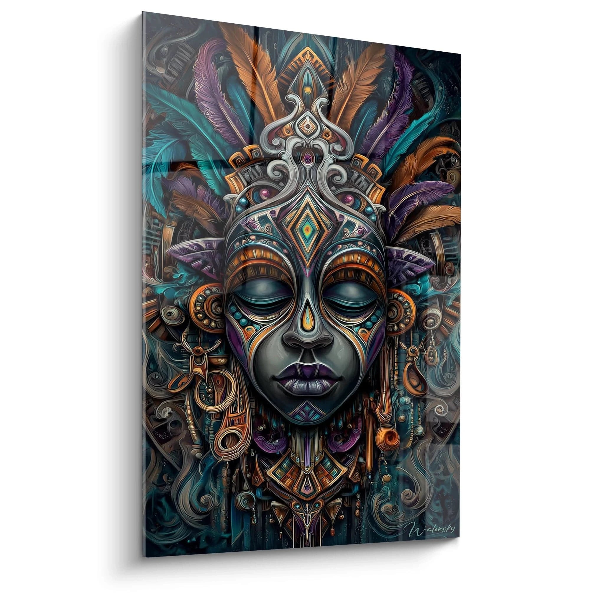 Tableau masque africain décoratif de Walensky avec des couleurs vibrantes et des détails artistiques