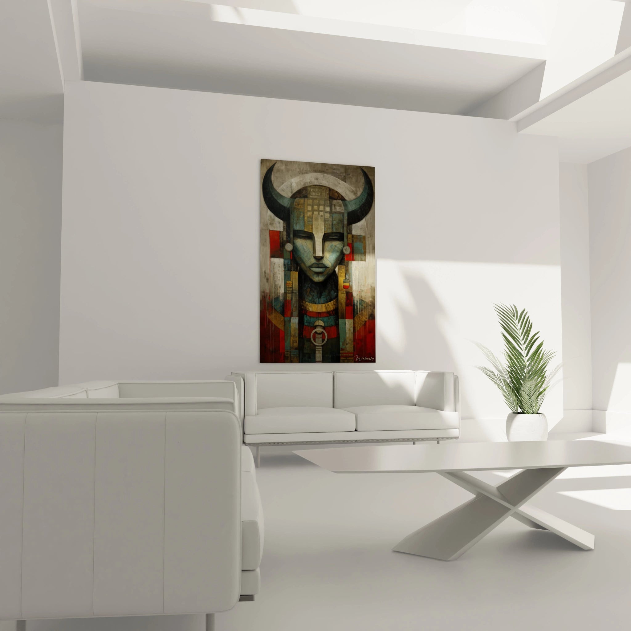tableau masque tribal Walensky style moderne masque cornue aux tons terre cuite accroche au mur salon blanc minimaliste