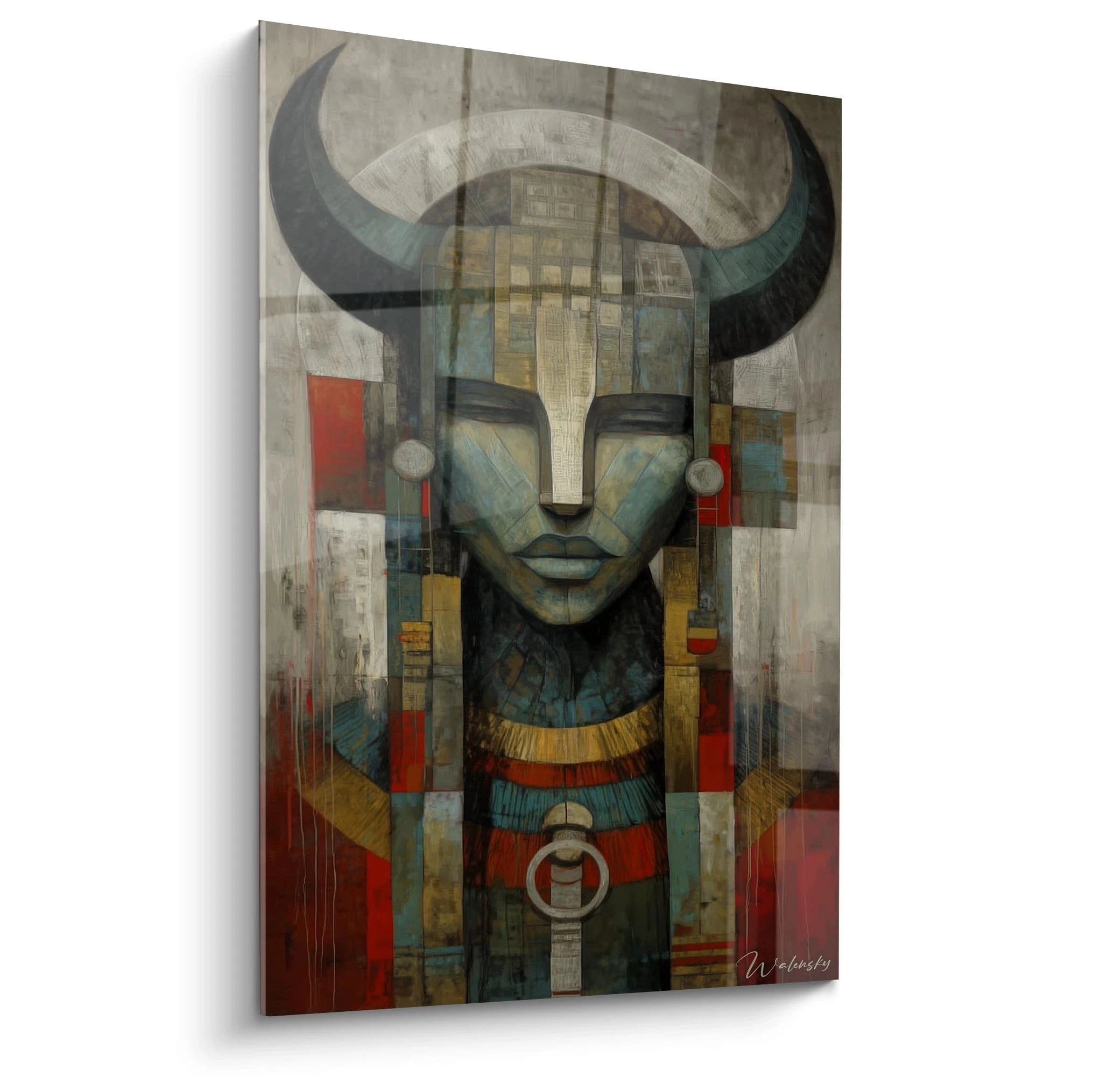 Tableau mural Walensky représentant un tableau masque tribal stylisé aux cornes et motifs géométriques rouges et turquoises