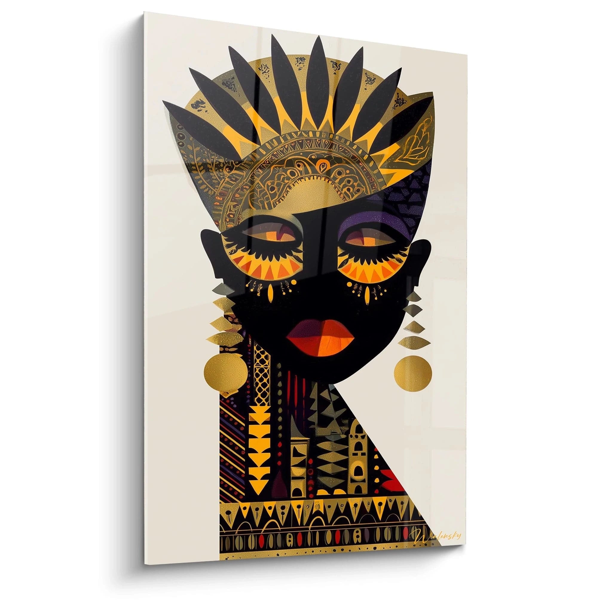 tableau art tribal africain Walensky portrait féminin stylisé noir et or avec coiffe géométrique et boucles d'oreilles dorées