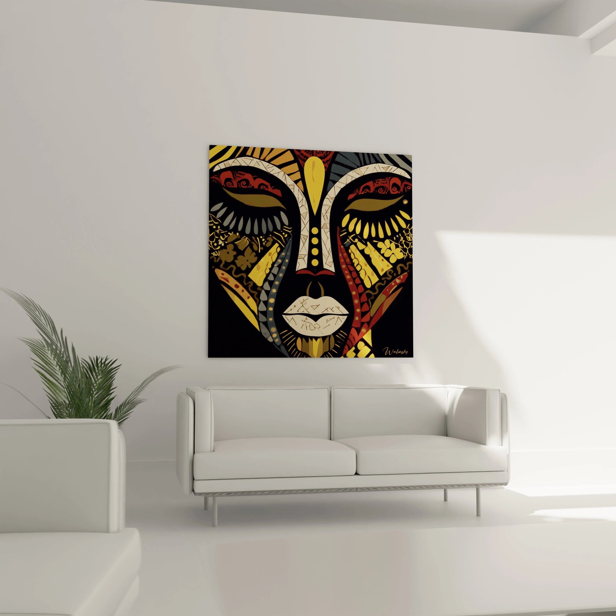 Tableau masque africain de Walensky accroché au mur dans un salon moderne avec un canapé