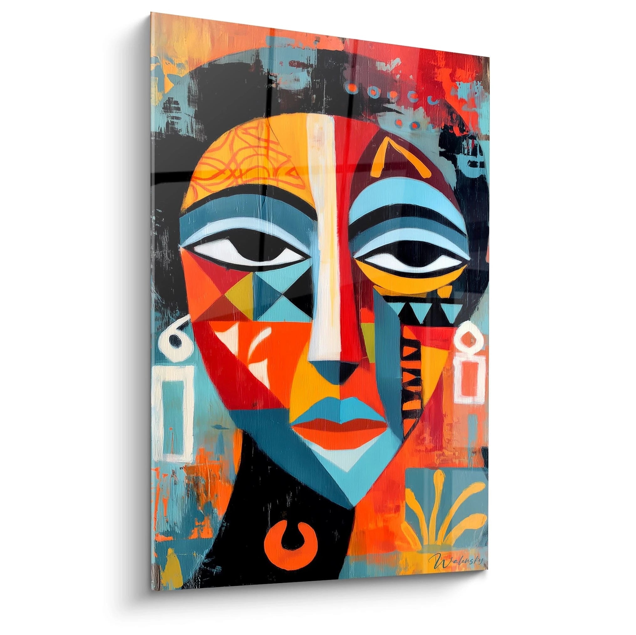 Tableau mural masque africain contemporain de Walensky avec des couleurs vives et un design artistique unique