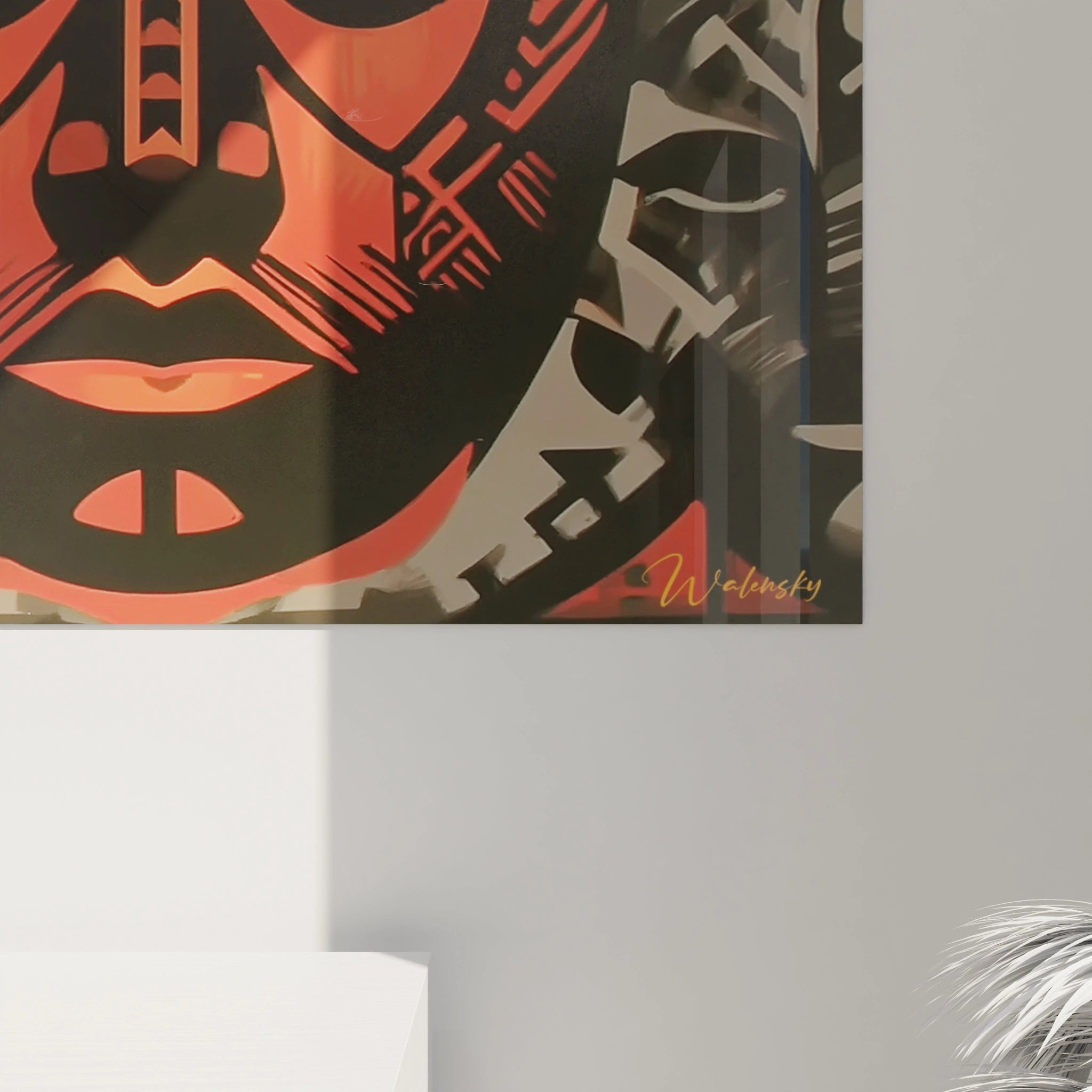 Tableau masque tribal Walensky gros plan rouge et noir motif ethnique signature en bas pour deco murale