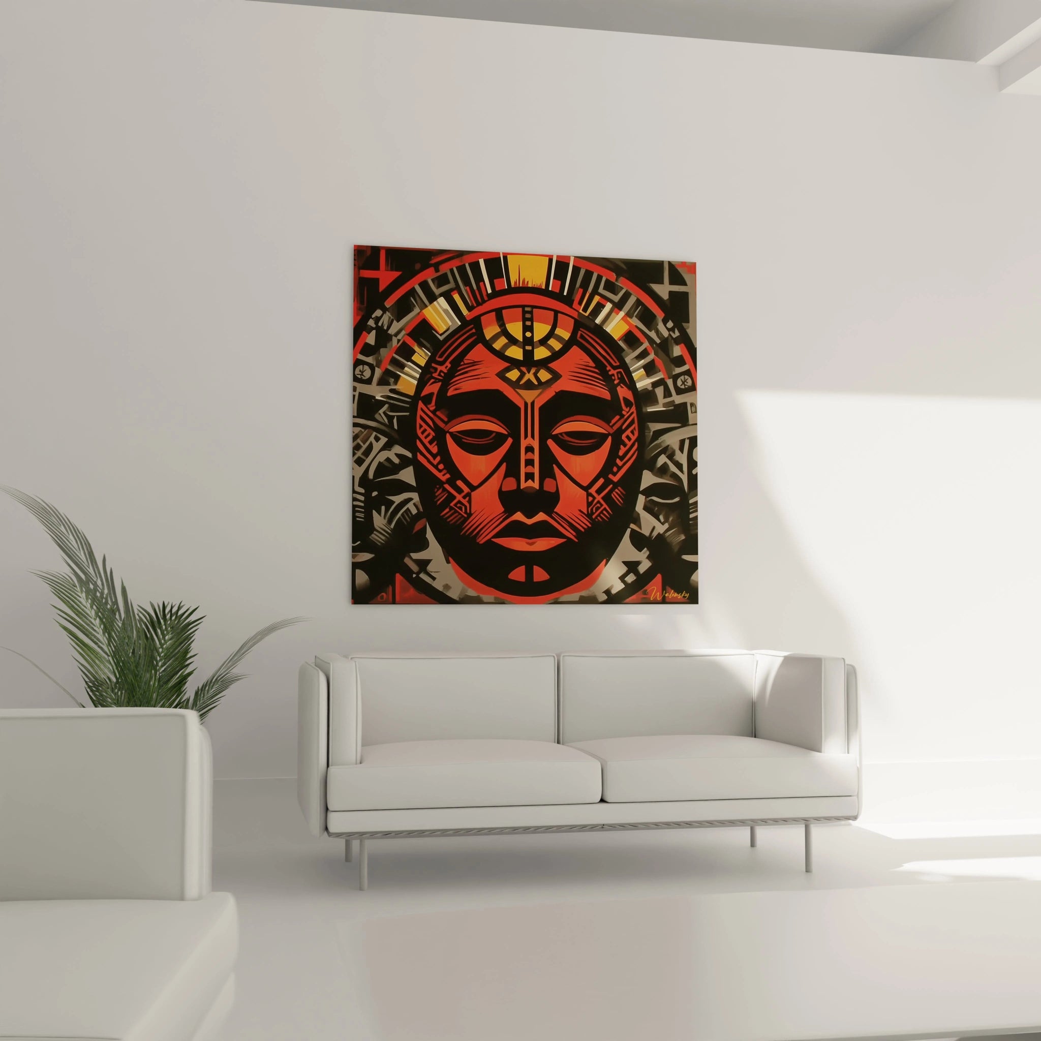 Tableau mural Walensky tableau masque tribal rouge et noir style ethnique accroché au dessus du canapé blanc