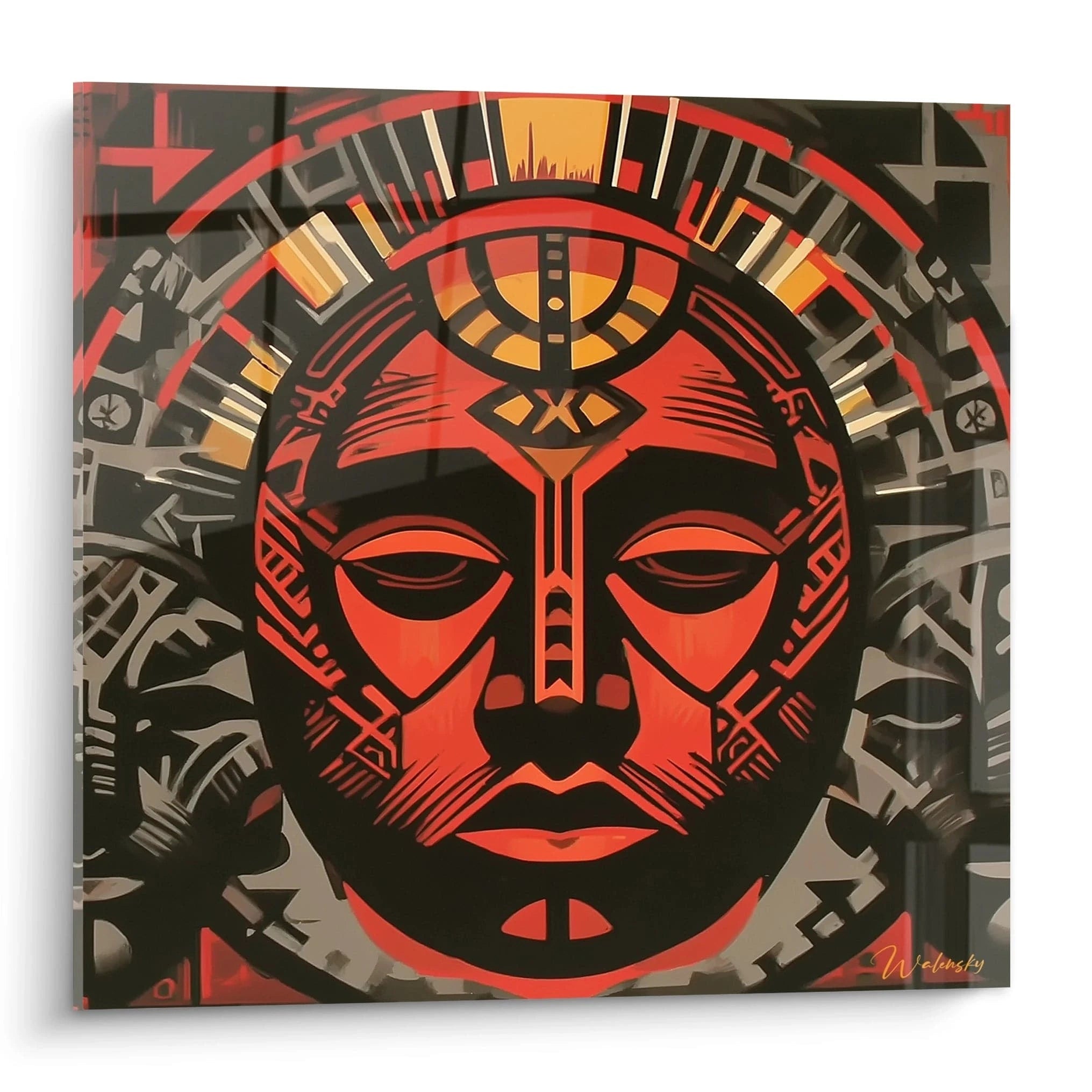 Tableau masque tribal Walensky montrant un visage stylise rouge et noir avec motifs geometriques
